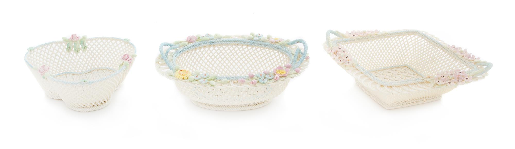 Three Belleek Four Strand Baskets Width of widest 9 inches.