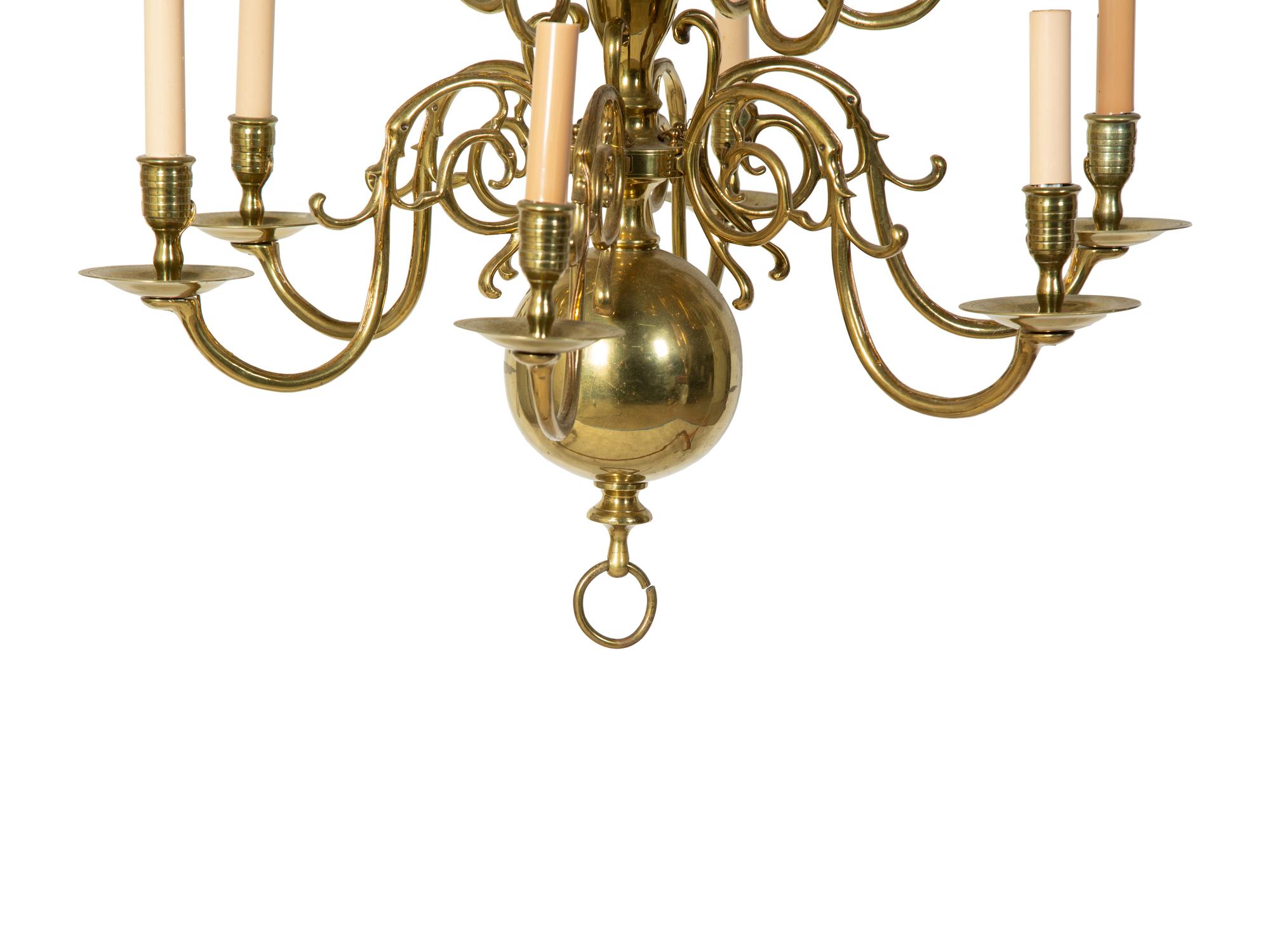 An American Brass Two Tier Twelve-Light Chandelier — 20TH CENTURY