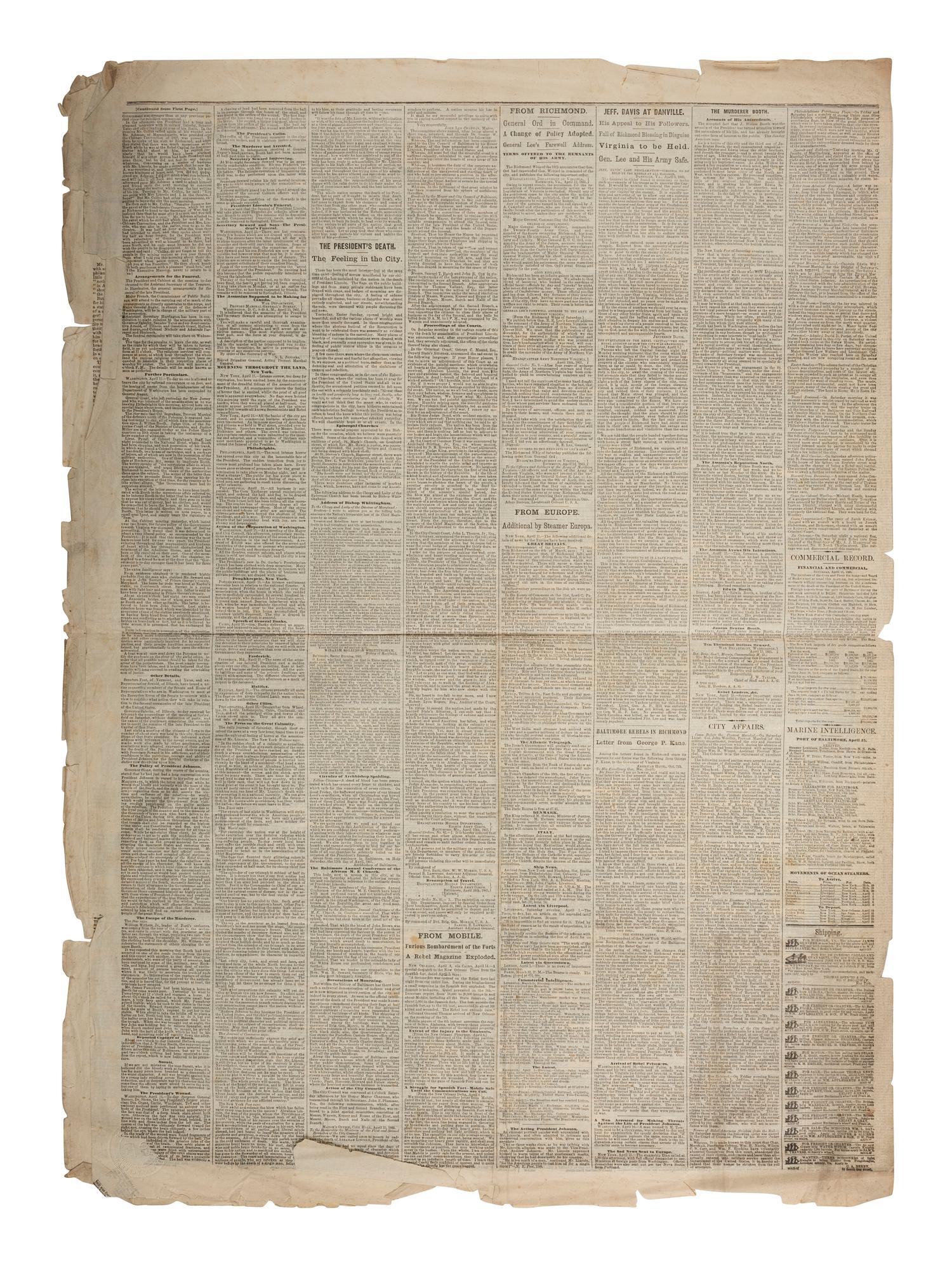 [LINCOLN, Abraham (1809-1865) - ASSASSINATION]. American and Commercial Advertiser . Vol. CXXX, No. 21,397. Baltimore, MD: 17 April 1865.