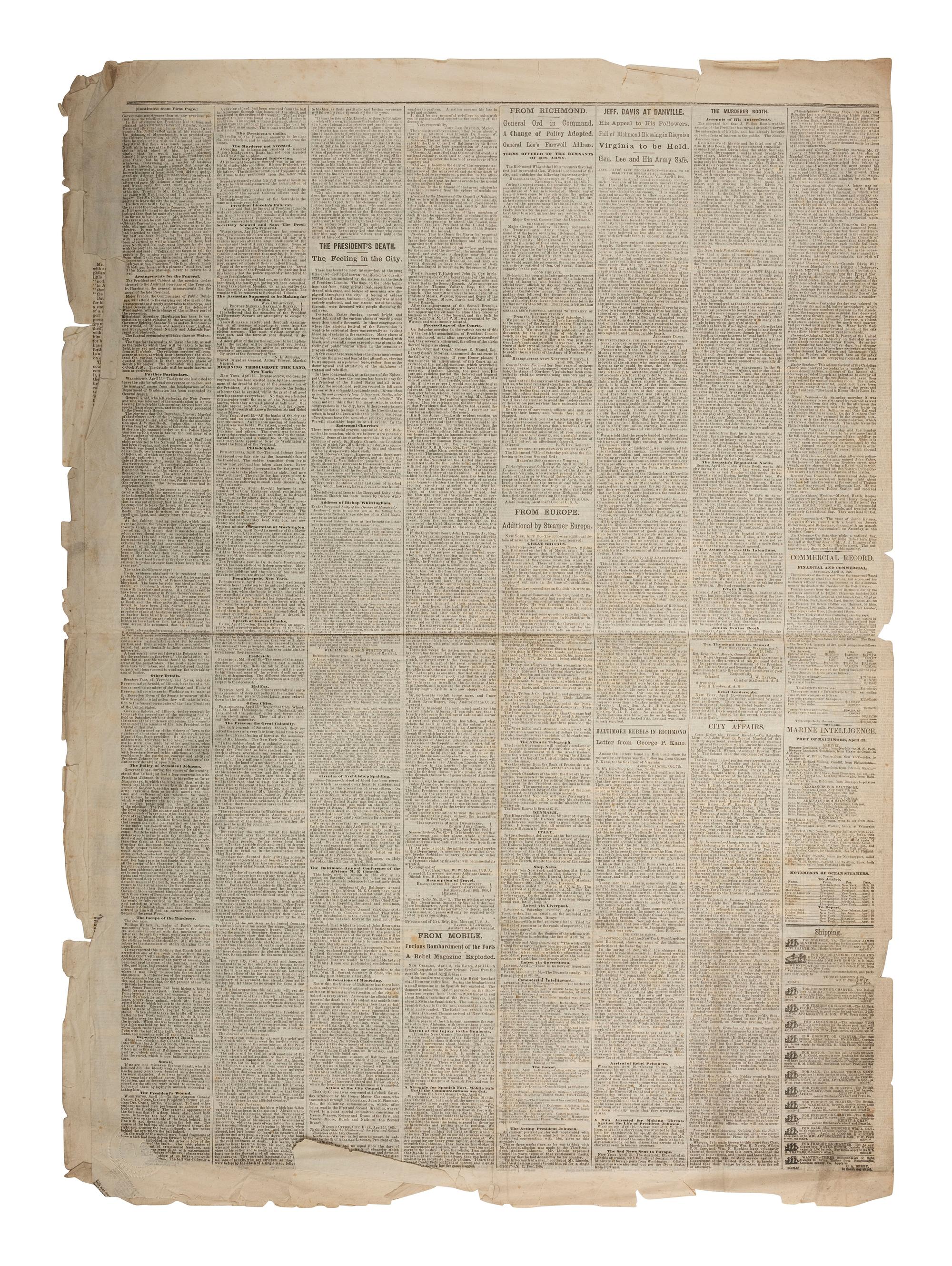 [LINCOLN, Abraham (1809-1865) - ASSASSINATION]. American and Commercial Advertiser . Vol. CXXX, No. 21,397. Baltimore, MD: 17 April 1865.