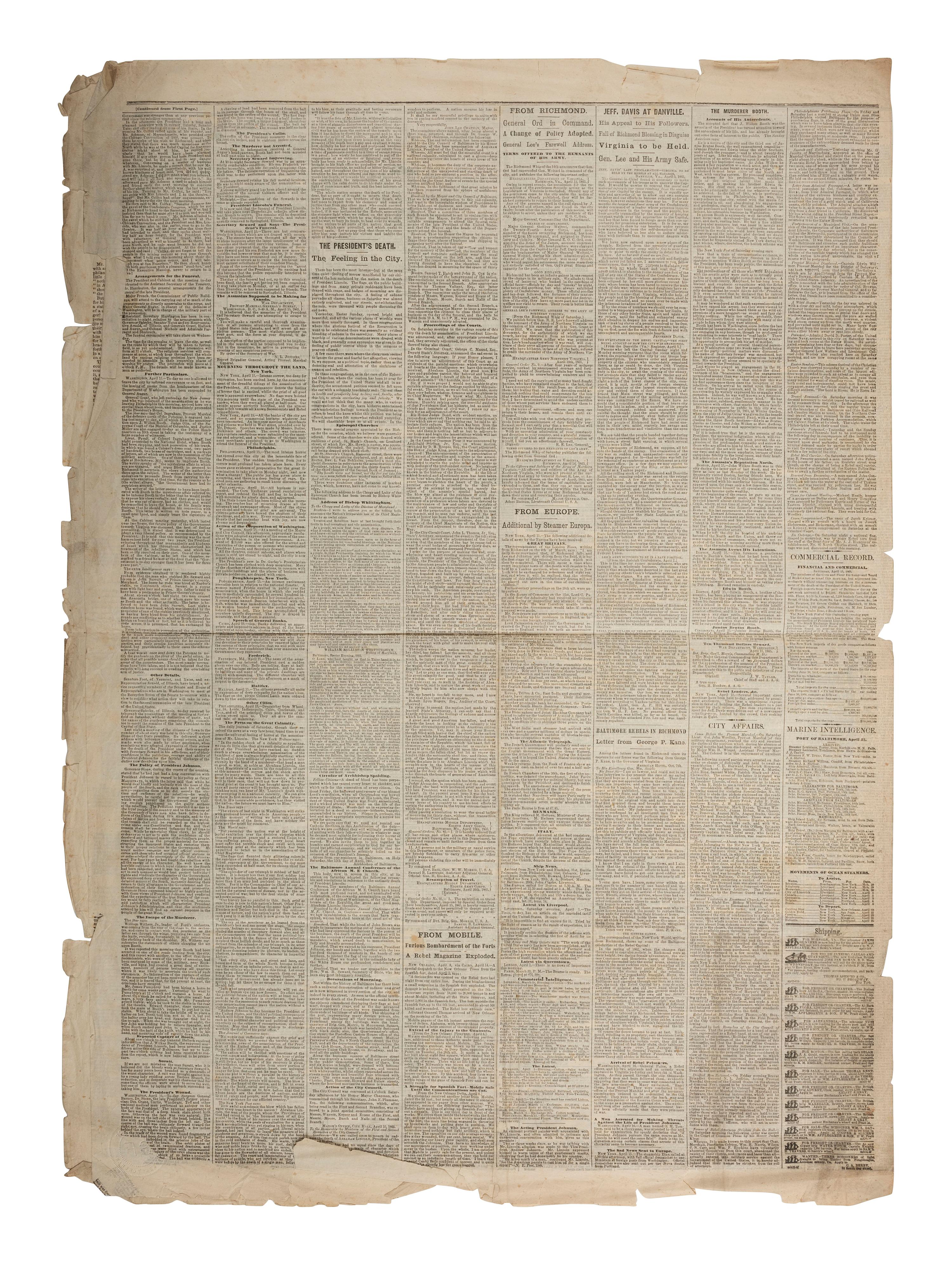 [LINCOLN, Abraham (1809-1865) - ASSASSINATION]. American and Commercial Advertiser . Vol. CXXX, No. 21,397. Baltimore, MD: 17 April 1865.