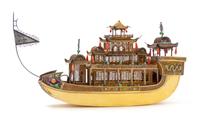 A Chinese Export Silver-Gilt and Enameled Model of a Hua Fang Ship, 20th Century, the three-tiered ship with coral and turquoise embell