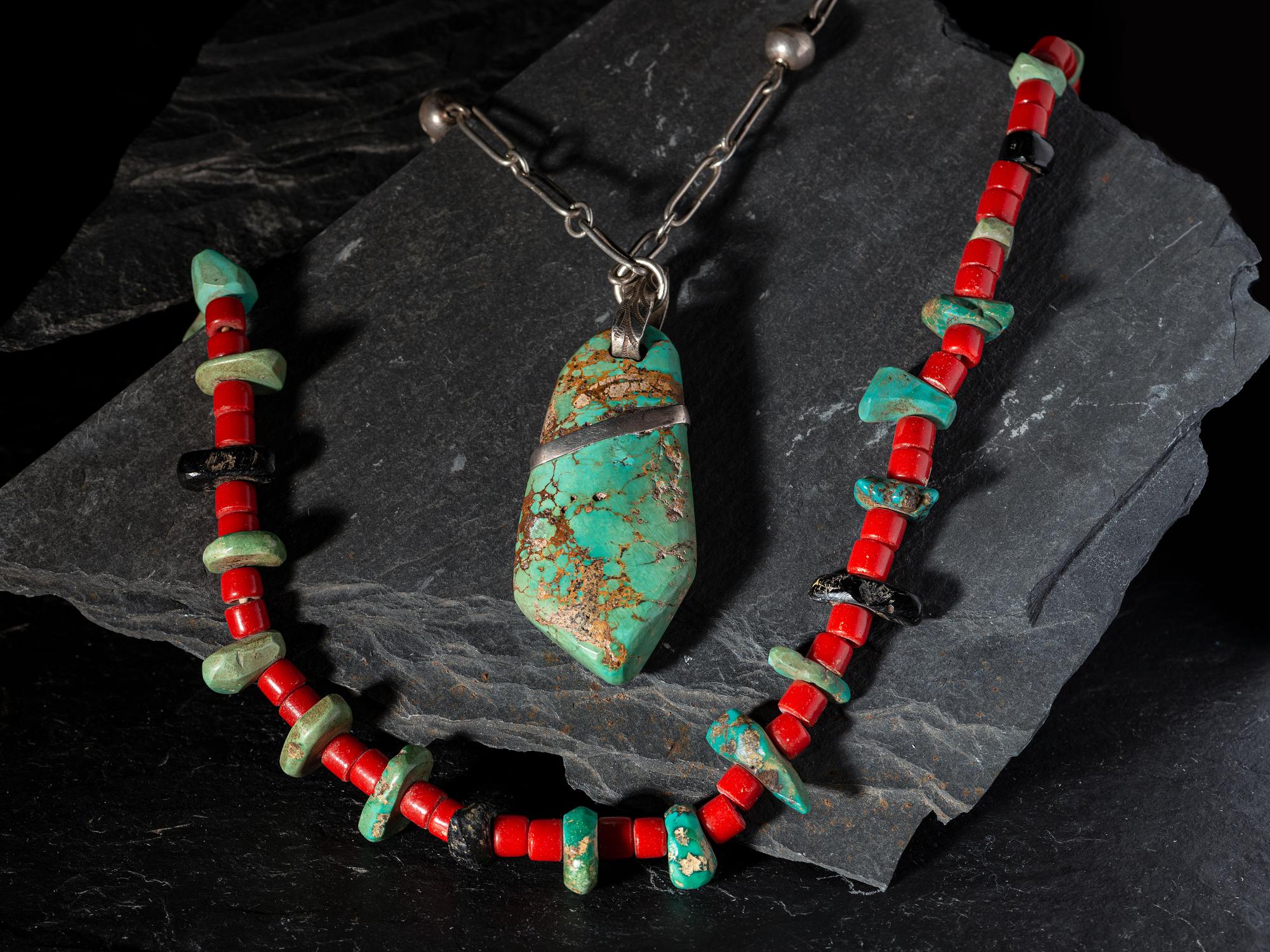 Pueblo Single-strand Necklace with Red Glass Beads, Turquoise, and Jet PLUS Navajo Silver and Turquoise Necklace
