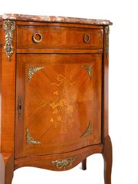A Pair of Louis XV/XVI Transitional Style Parquetry and Marquetry Marble-Top Small Cabinets