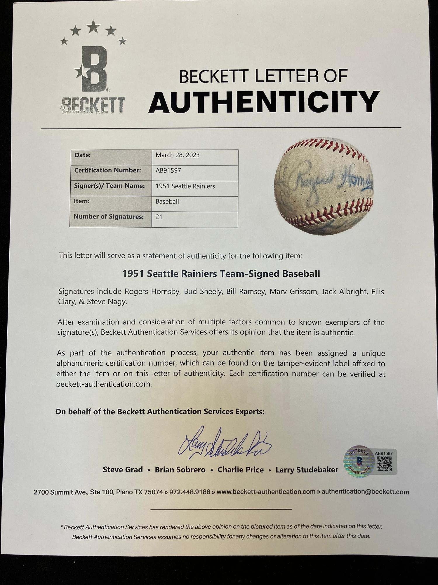 A 1951 Seattle Rainers Team Signed Autograph Baseball Featuring Rogers Hornsby (Beckett Authentication Services Letter),