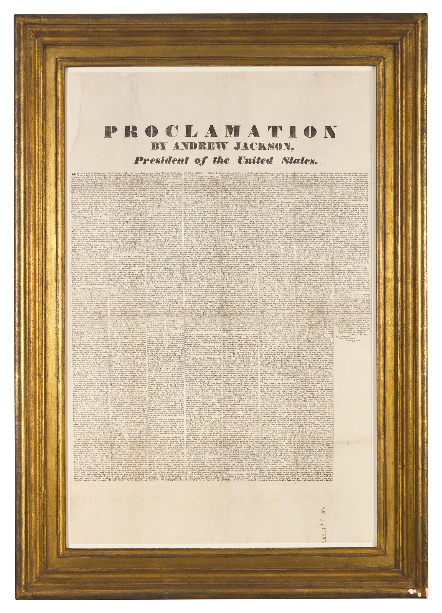 [NULLIFICATION CRISIS]. Proclamation by Andrew Jackson President of the United States. N.p., [10 December 1832].