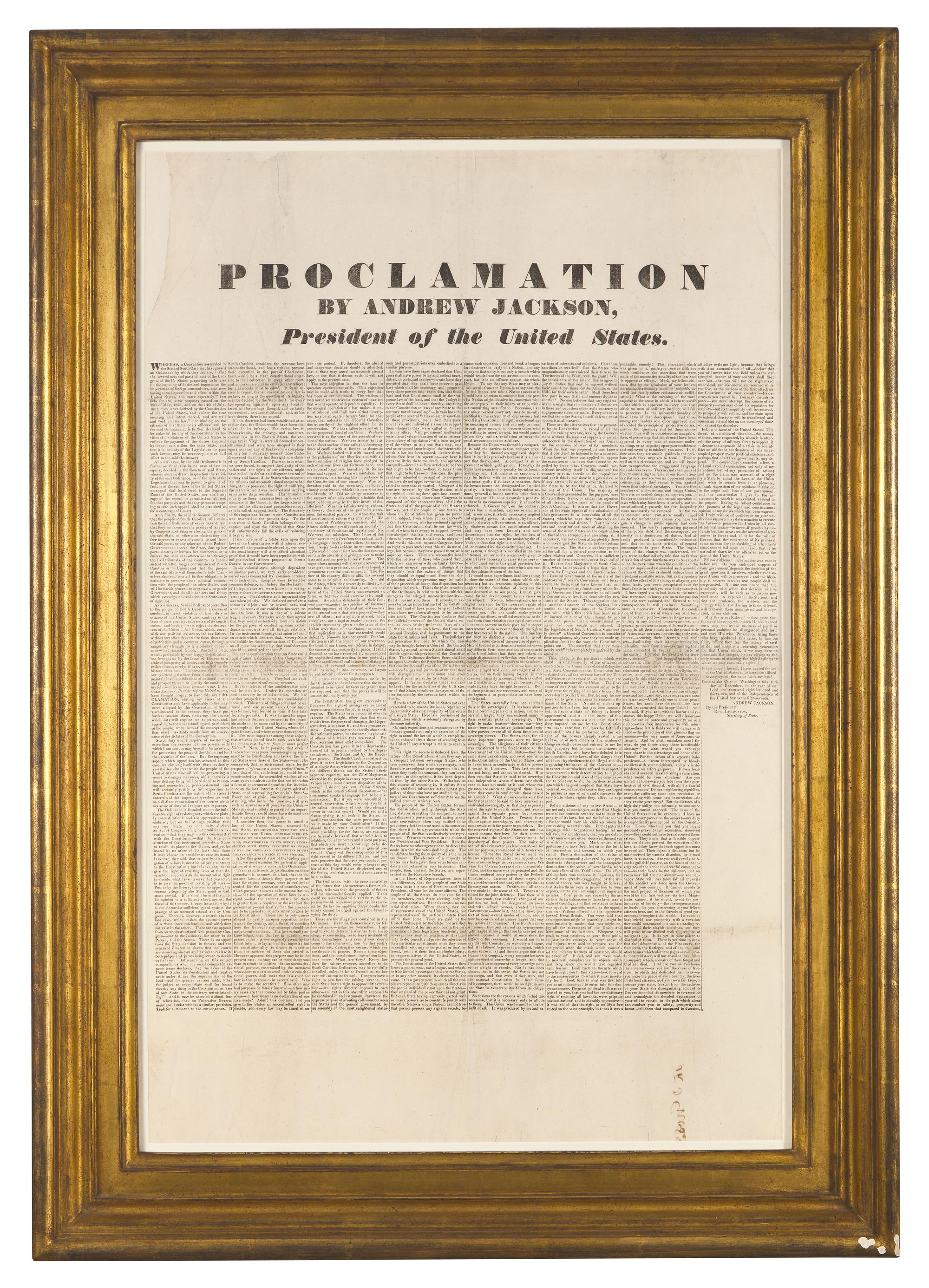 [NULLIFICATION CRISIS]. Proclamation by Andrew Jackson President of the United States. N.p., [10 December 1832].