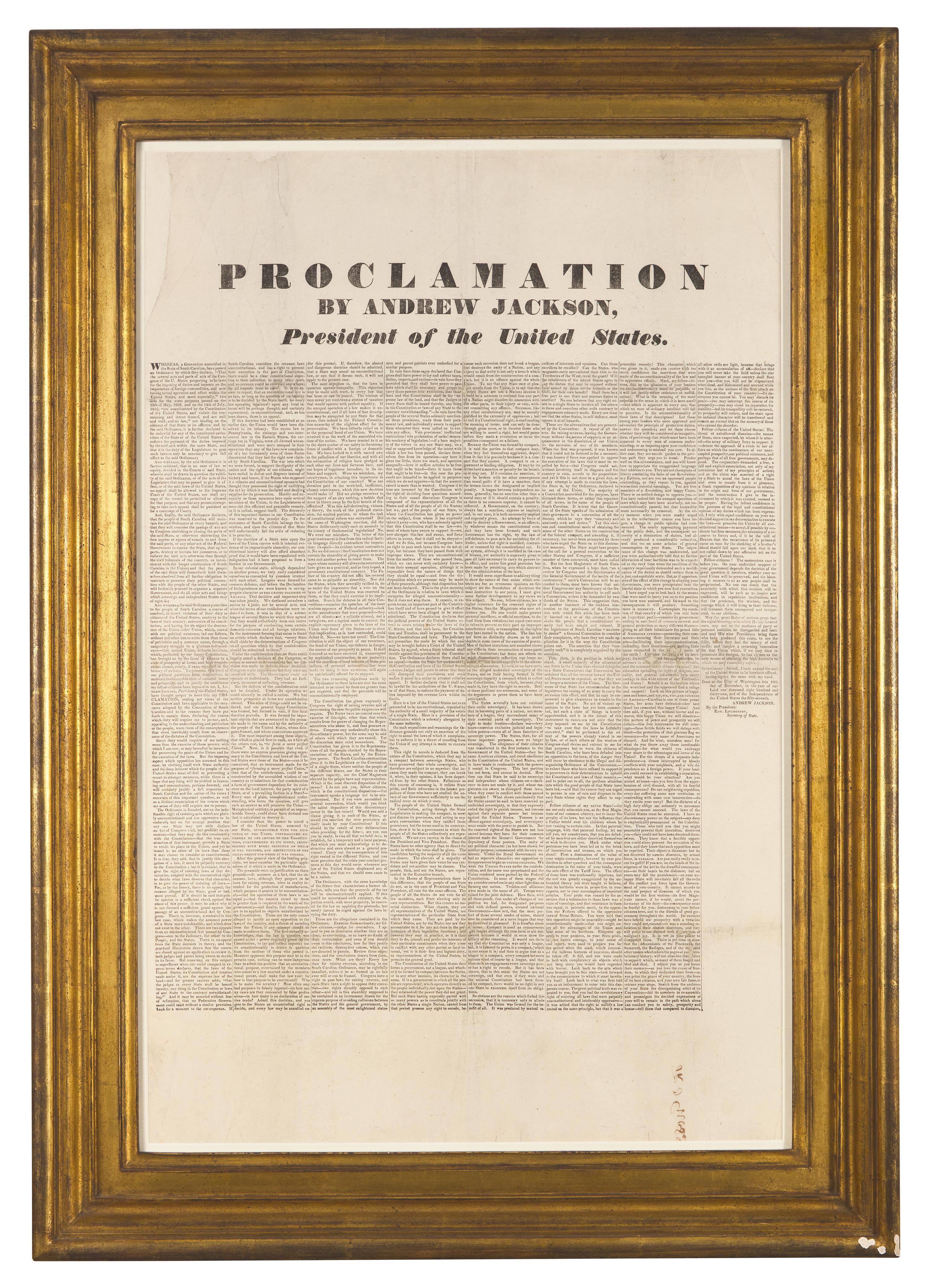 [NULLIFICATION CRISIS]. Proclamation by Andrew Jackson President of the United States. N.p., [10 December 1832].