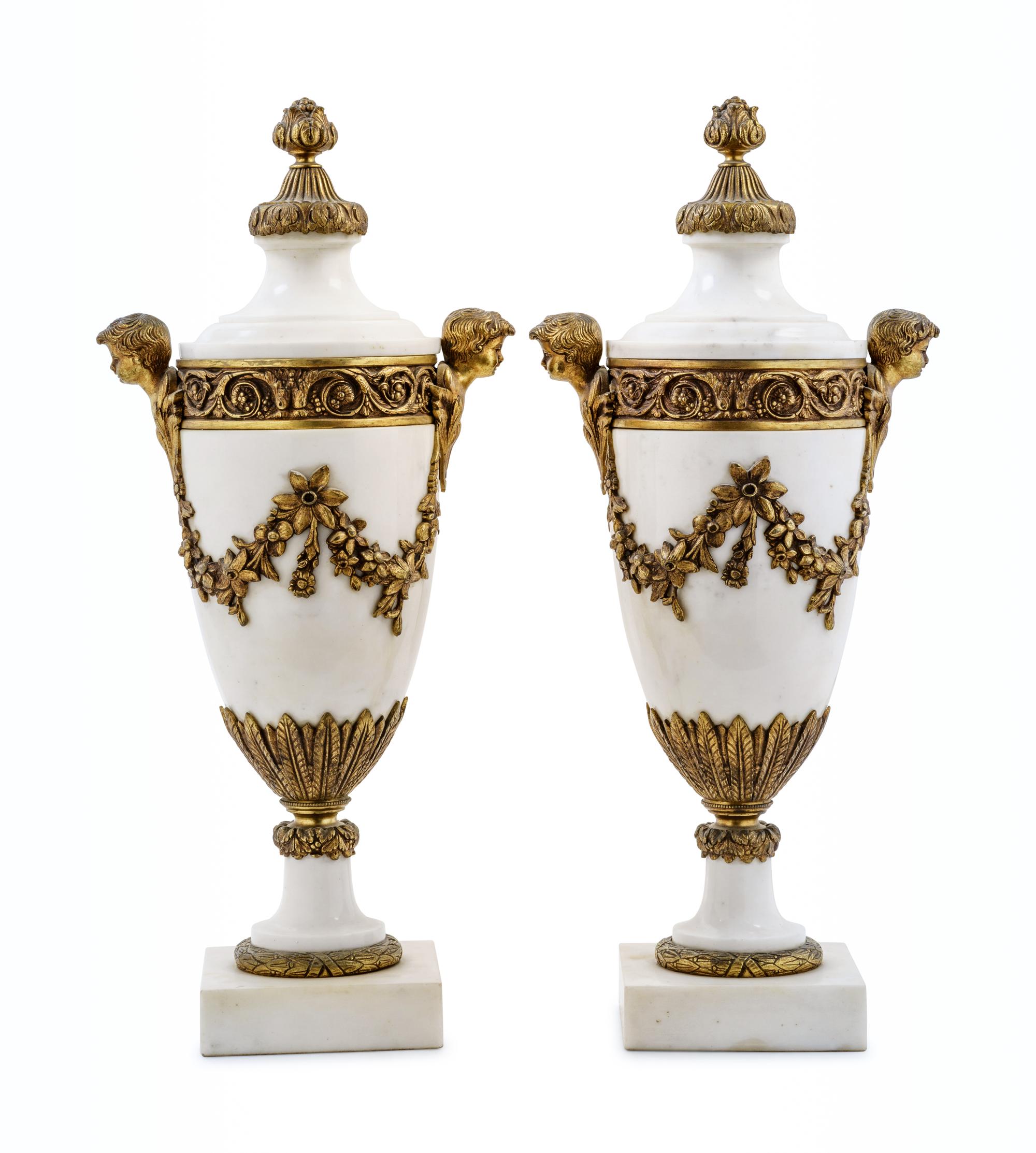 A Pair of Louis XVI Style Gilt Bronze and Marble Urns