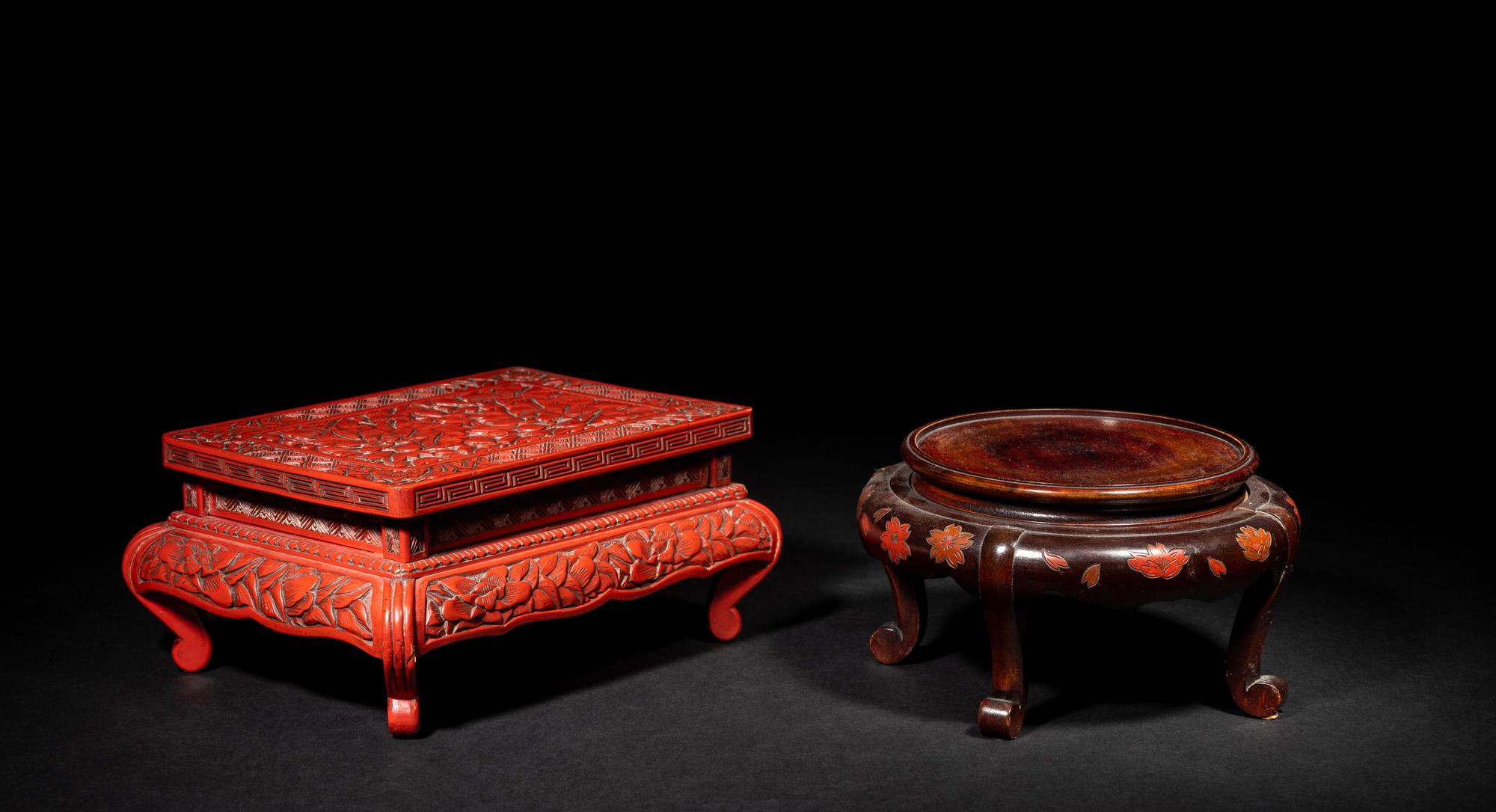 Two Chinese Lacquered and Wood Stands