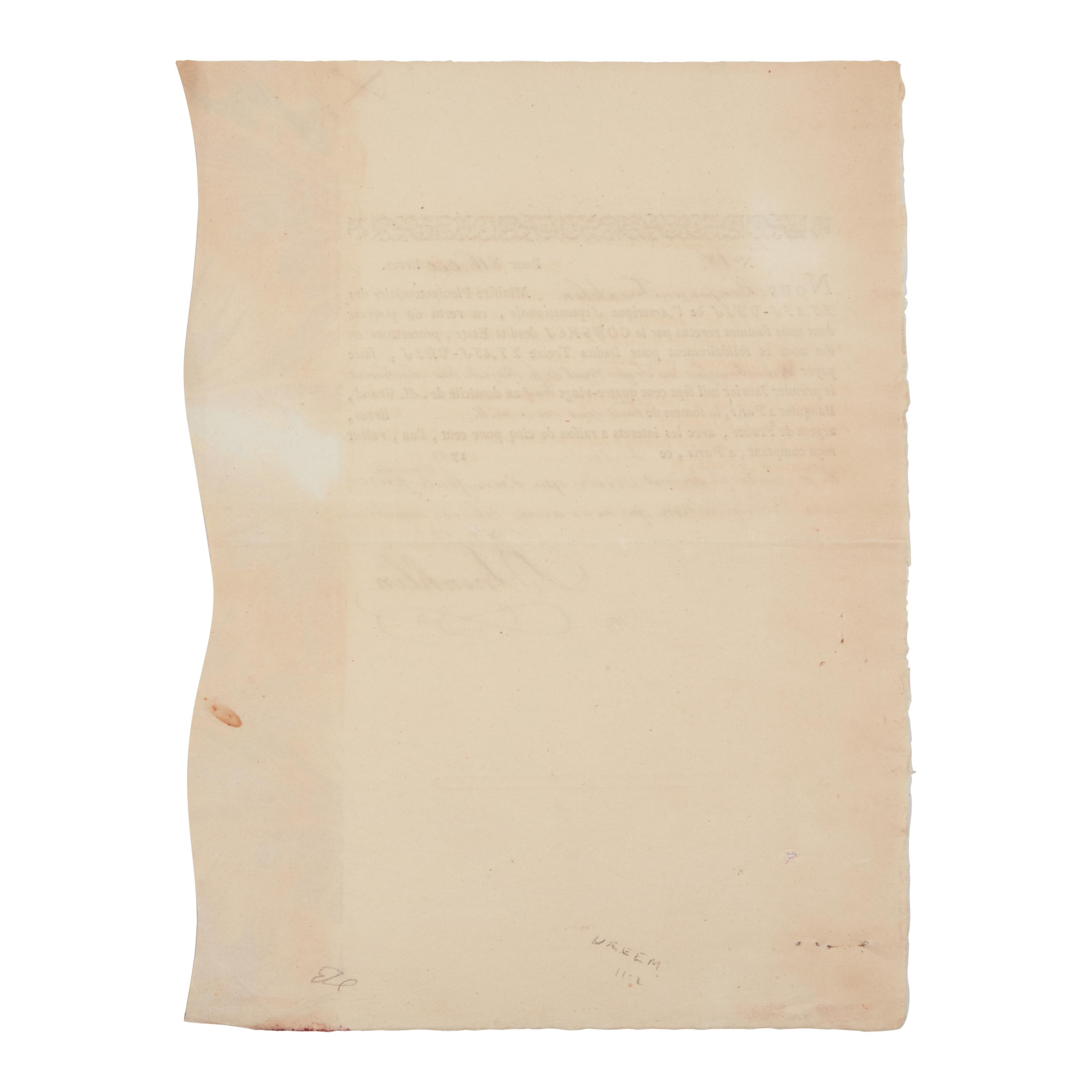 [American Revolution] Franklin, Benjamin. Partially-Printed Promissory Note, accomplished and twice signed