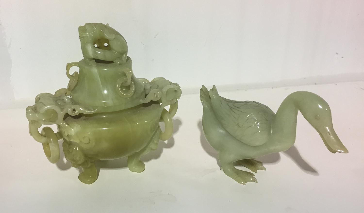 Two Chinese Carved Hardstone Articles Height of taller 7 1/2 inches.