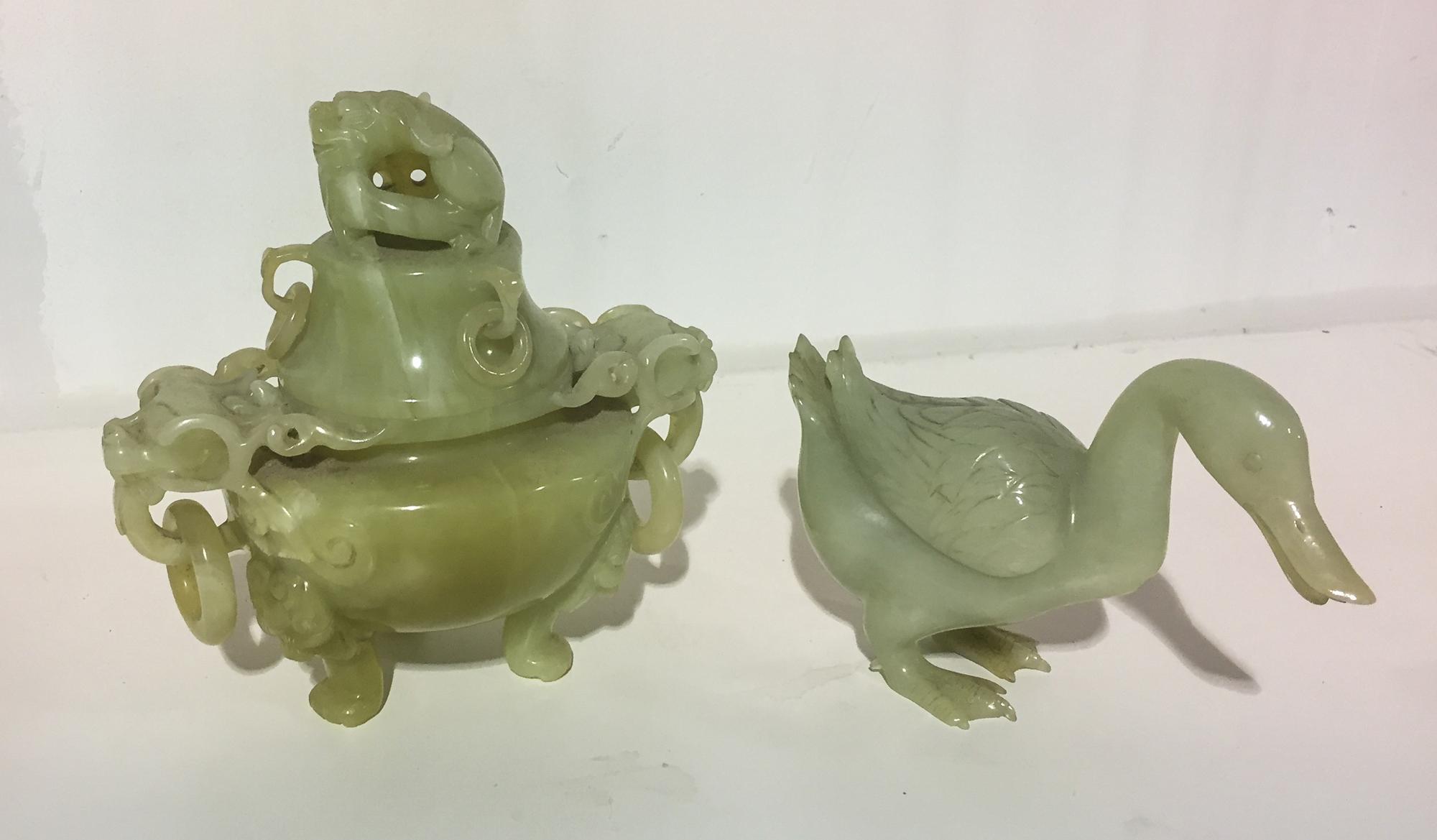 Two Chinese Carved Hardstone Articles Height of taller 7 1/2 inches.
