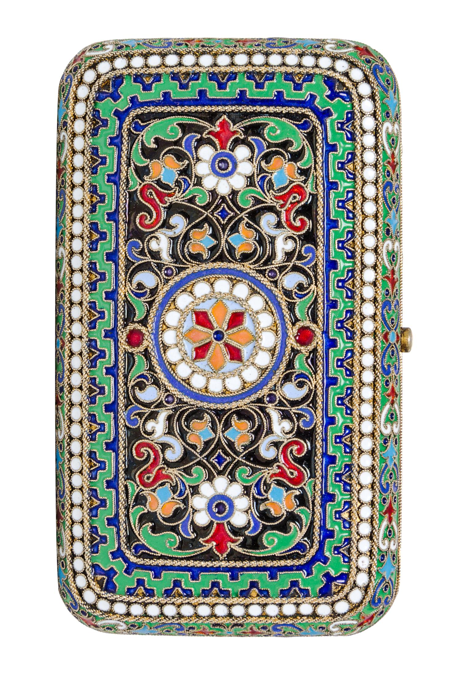 A Russian Enameled Silver-Gilt Cigarette Case, Possibly Mark Ovchinnikov, Moscow, Late 19th Century, of rectangular form with floral de