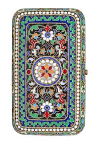 A Russian Enameled Silver-Gilt Cigarette Case, Possibly Mark Ovchinnikov, Moscow, Late 19th Century, of rectangular form with floral de