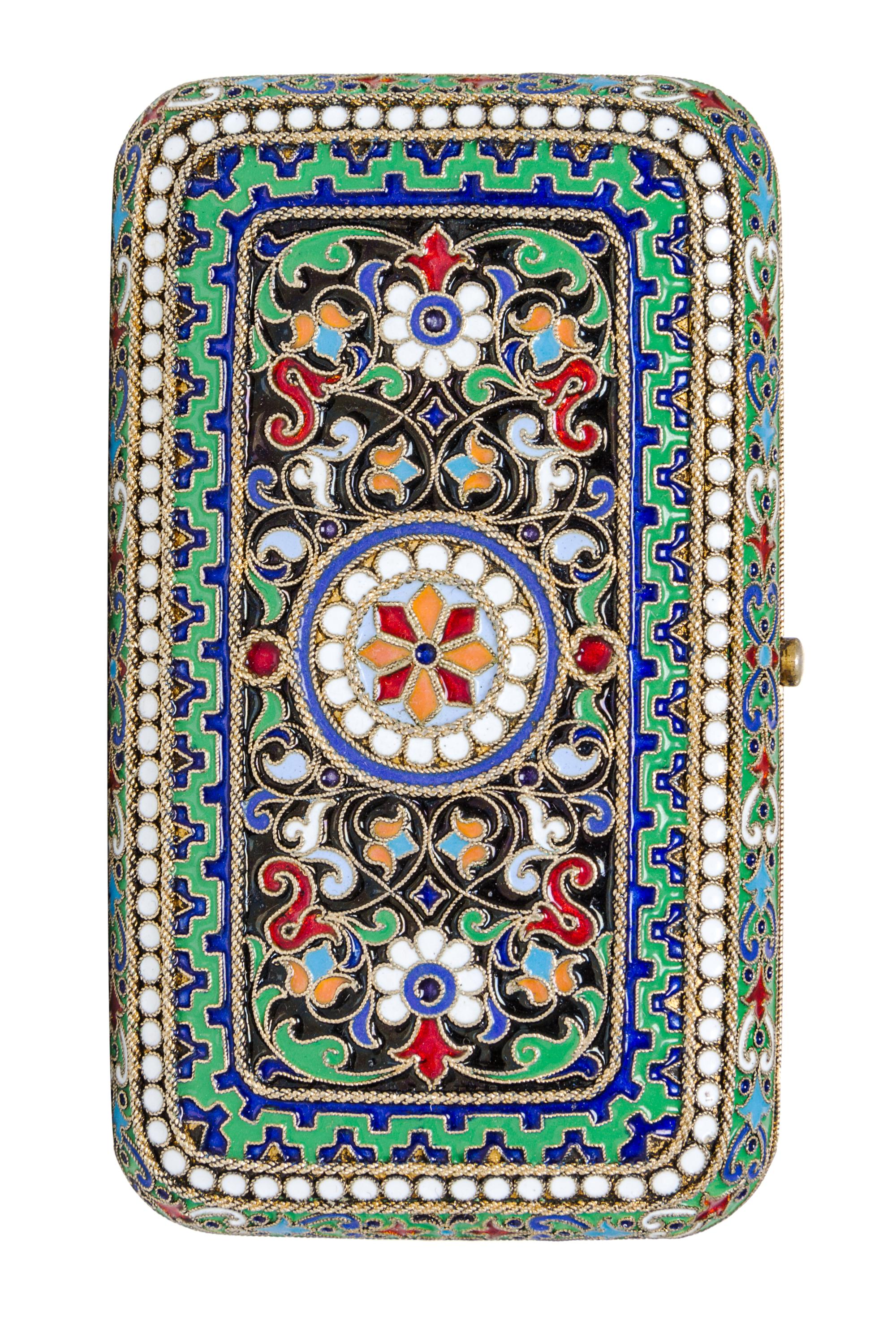 A Russian Enameled Silver-Gilt Cigarette Case, Possibly Mark Ovchinnikov, Moscow, Late 19th Century, of rectangular form with floral de