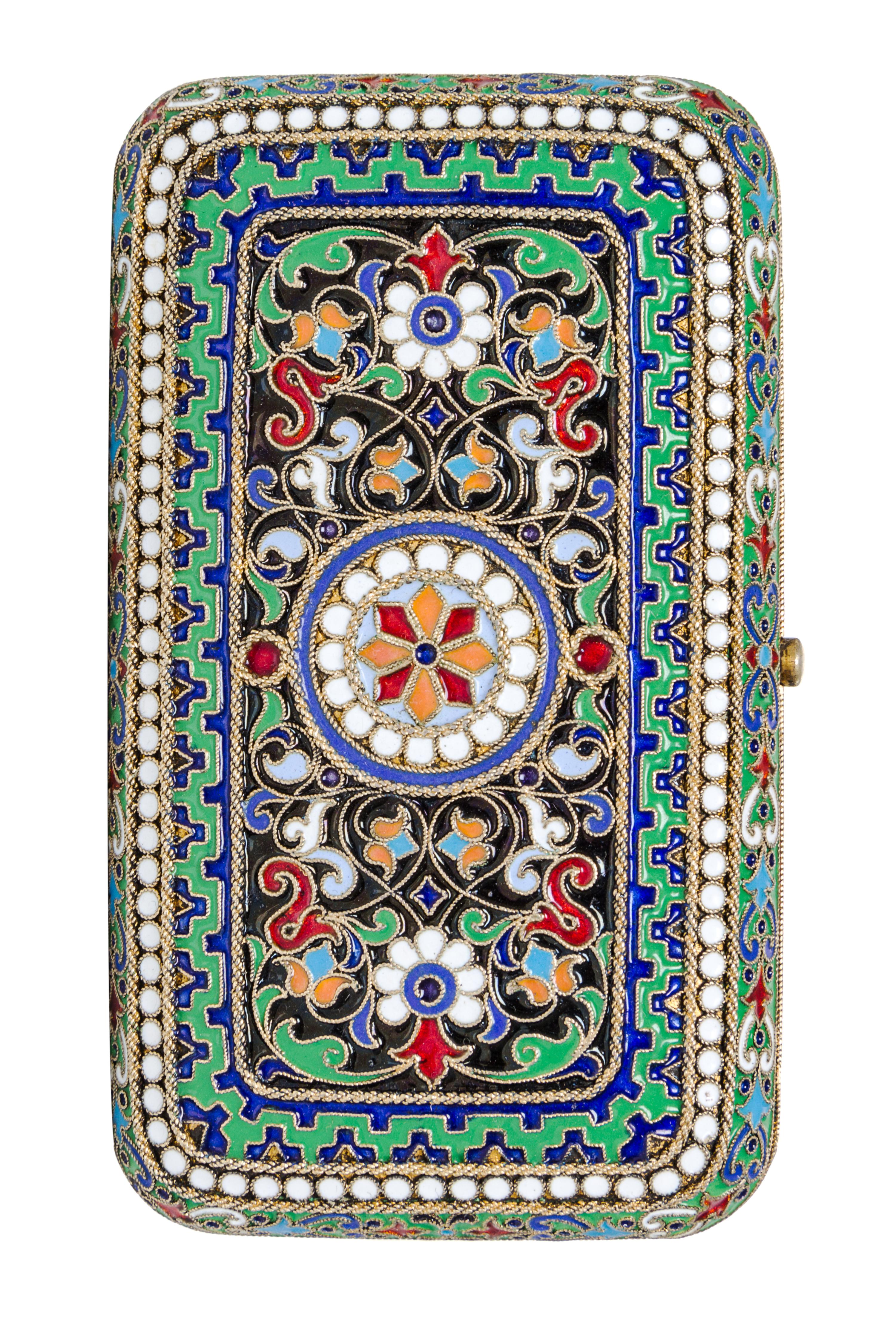 A Russian Enameled Silver-Gilt Cigarette Case, Possibly Mark Ovchinnikov, Moscow, Late 19th Century, of rectangular form with floral de