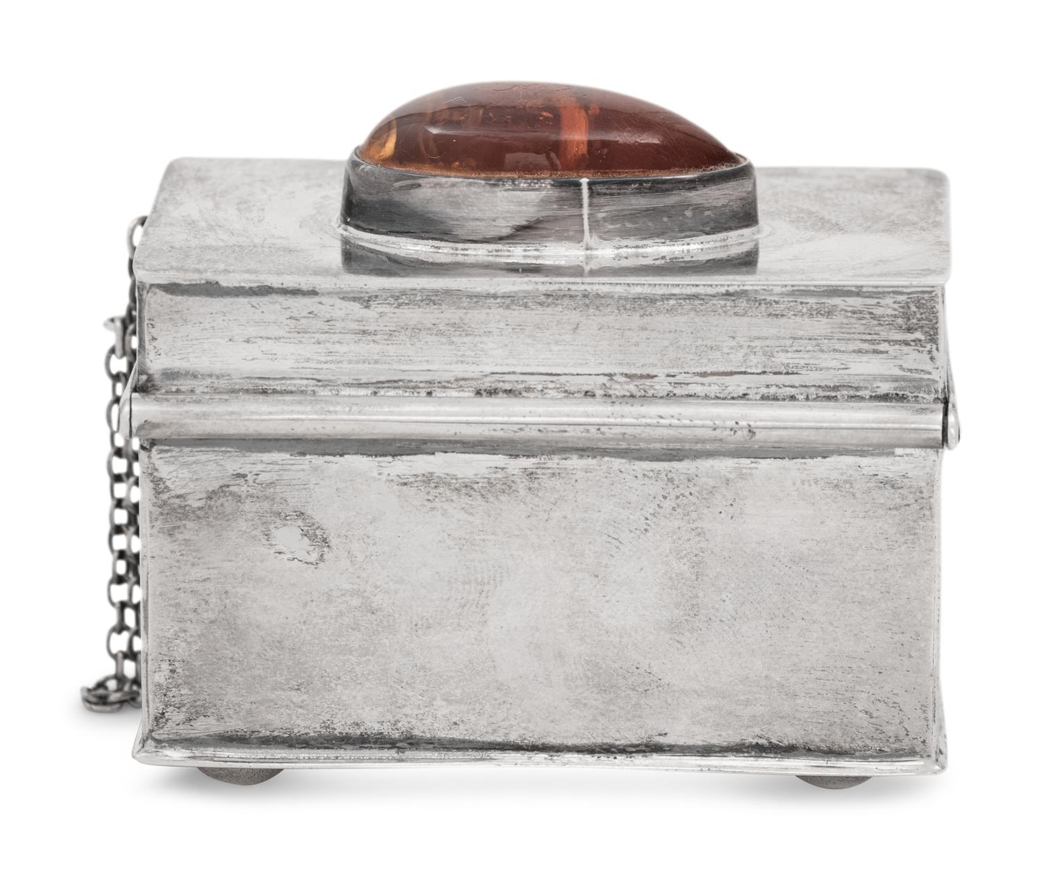 A Polish Silver Trinket Box with Inlaid Amber Cartouche