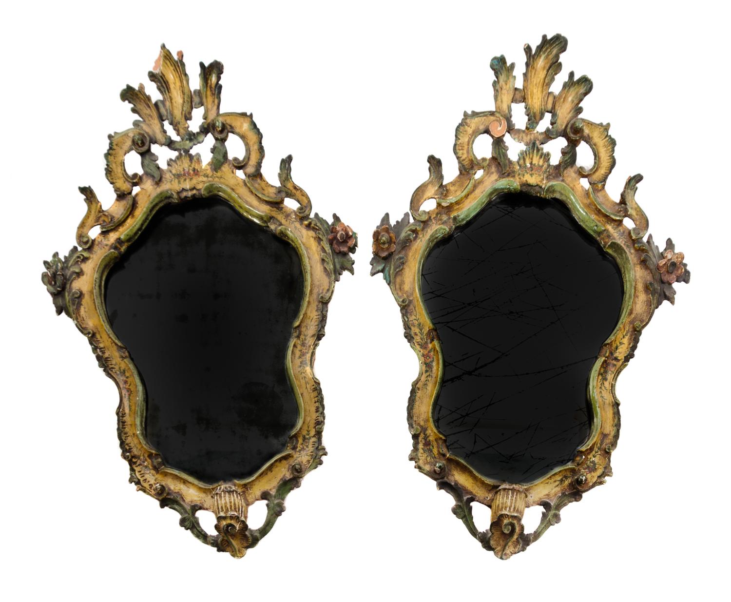 A Pair of Venetian Rococo Painted Mirrors Height 28 x width 19 inches. — 18TH CENTURY