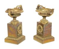 A Pair of Empire Gilt Bronze Urns on Pedestal Bases