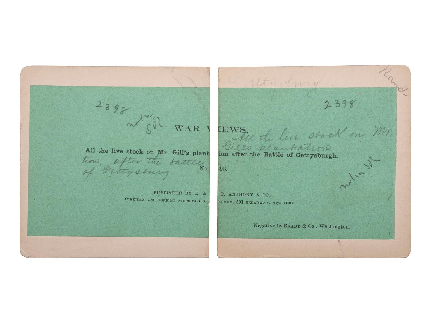[CIVIL WAR]. BRADY, Mathew, photographer. All the live stock on Mr. Gill's plantation after the Battle of Gettysburgh. New York: E. & H. T. Anthony & Co., [1863].