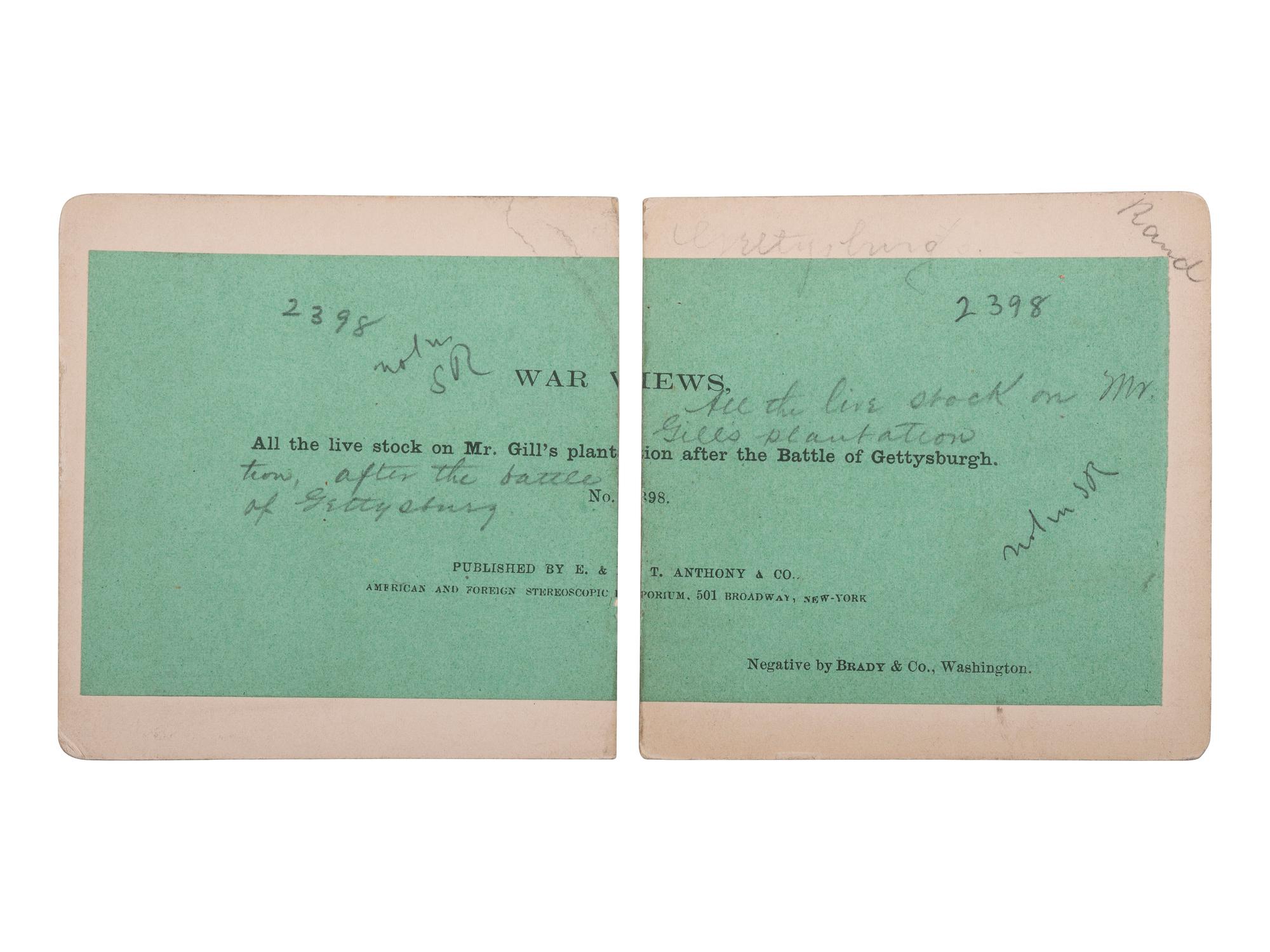[CIVIL WAR]. BRADY, Mathew, photographer. All the live stock on Mr. Gill's plantation after the Battle of Gettysburgh. New York: E. & H. T. Anthony & Co., [1863].