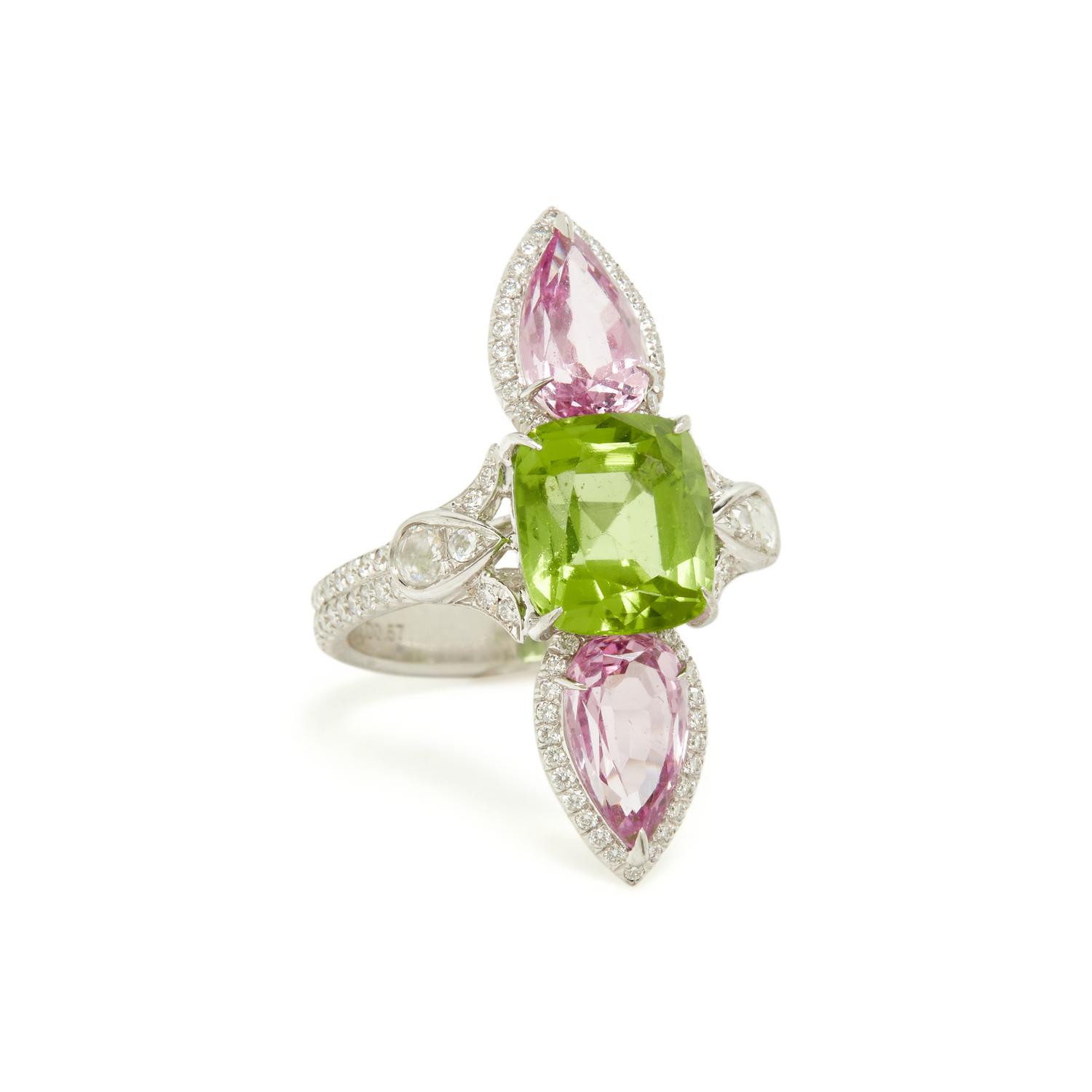 WHITE GOLD, PERIDOT, DIAMOND, AND PINK SPINEL RING