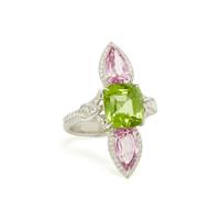 WHITE GOLD, PERIDOT, DIAMOND, AND PINK SPINEL RING
