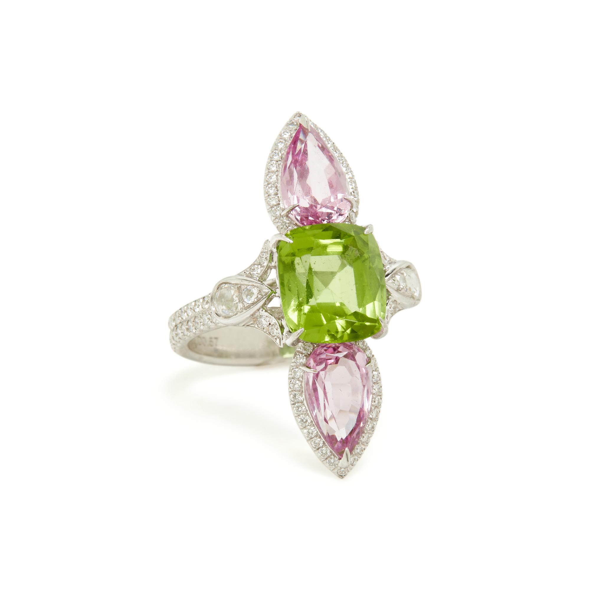 WHITE GOLD, PERIDOT, DIAMOND, AND PINK SPINEL RING