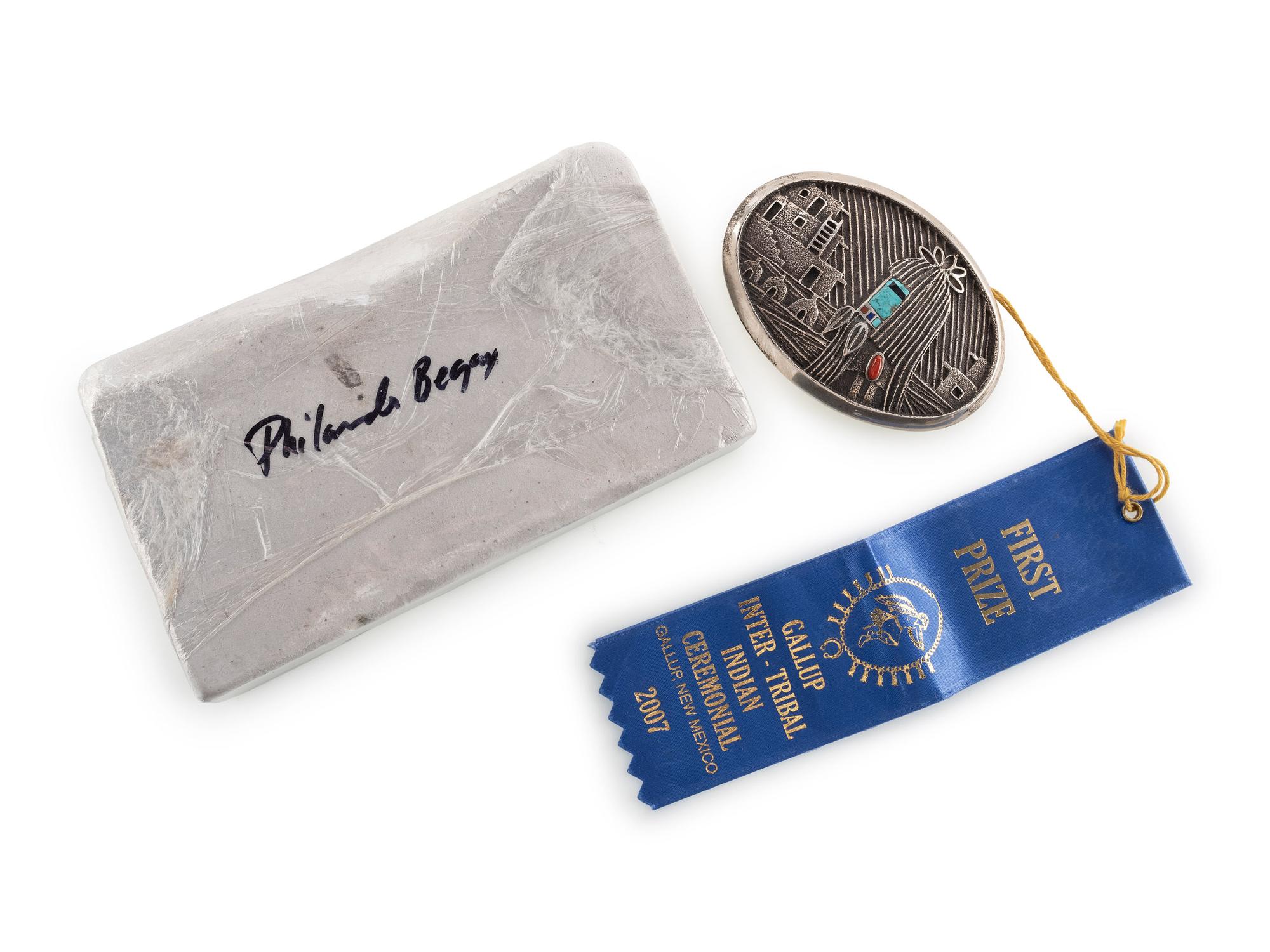 Award Winning Tufa Cast Sterling Silver Katsina and Pueblo Scene Belt Buckle, AND Tufa Mold