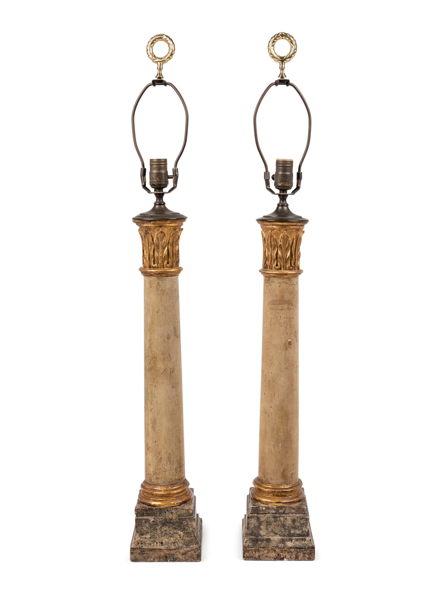 A Pair of Painted and Parcel Gilt Columnar Lamps
