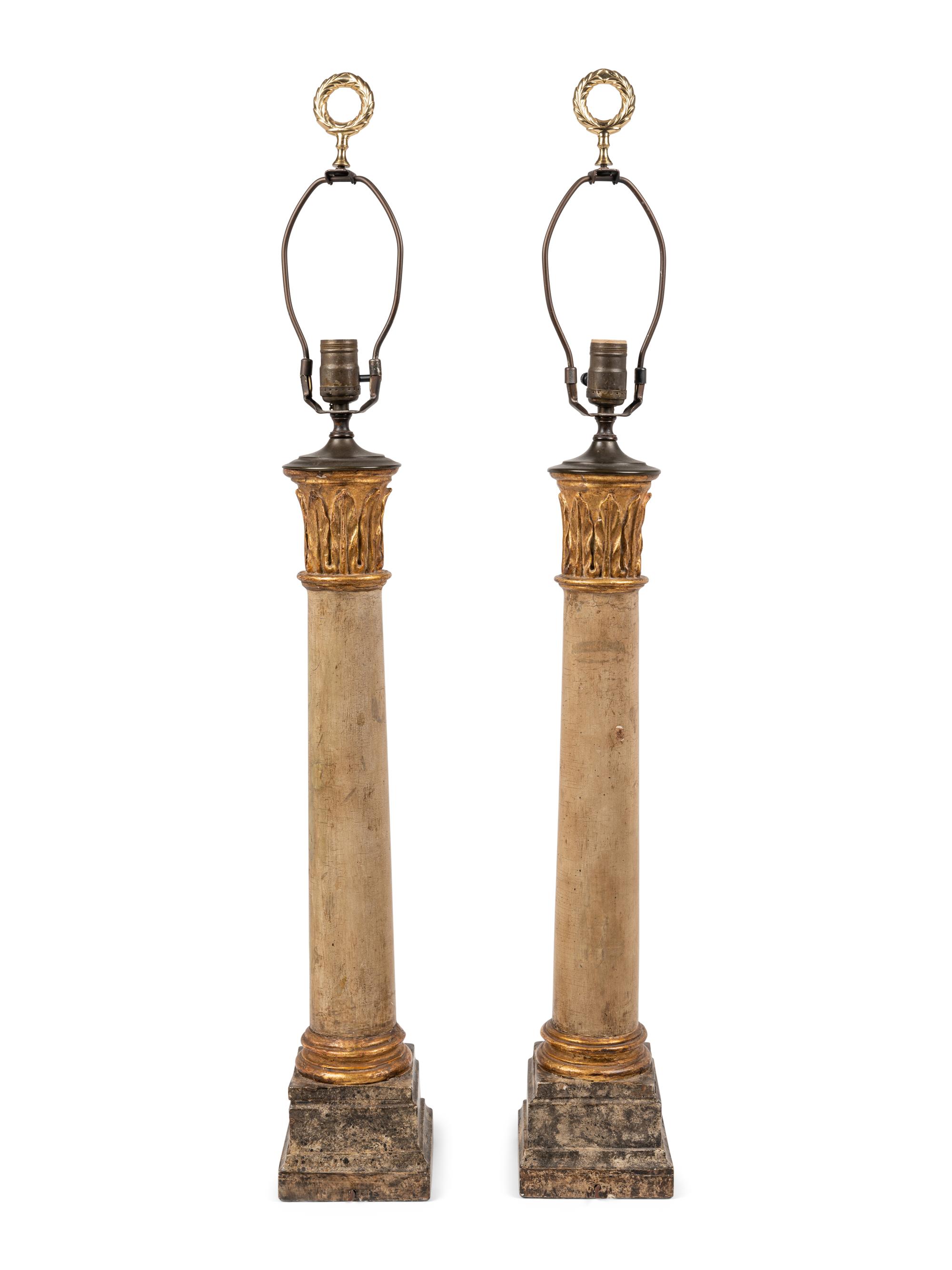 A Pair of Painted and Parcel Gilt Columnar Lamps