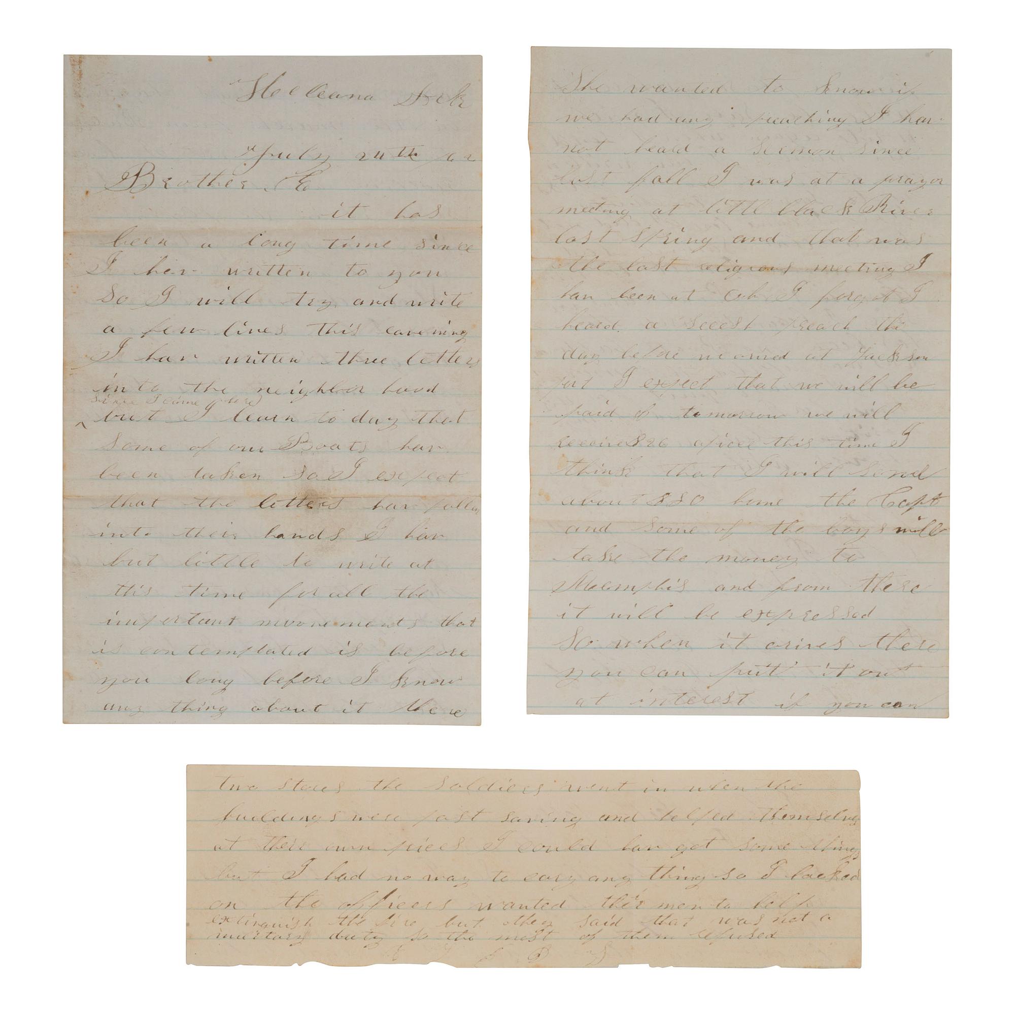 [CIVIL WAR]. A group of 2 soldiers' letters with Vicksburg and Arkansas interest, comprising: