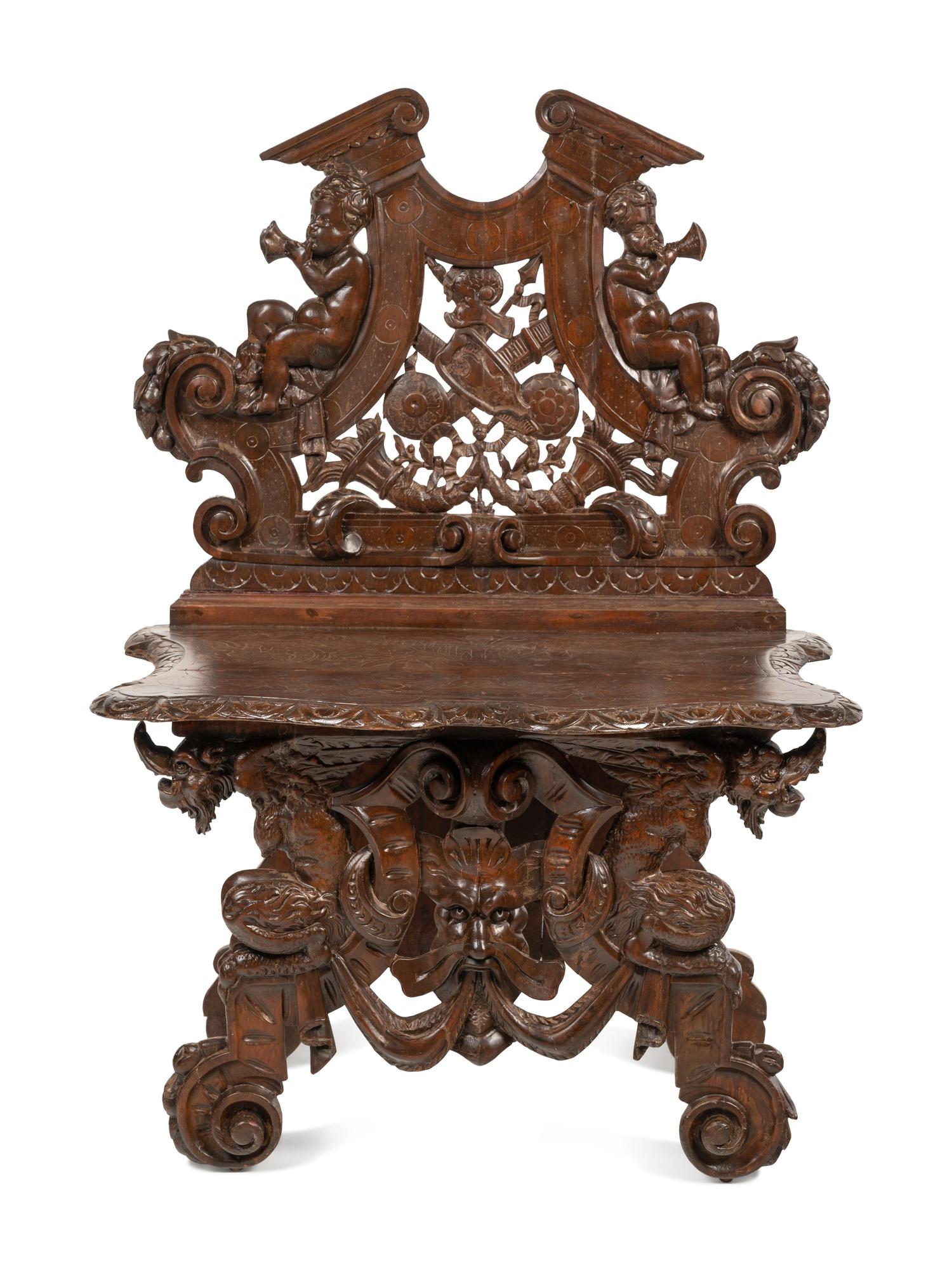 An Italian Baroque Style Carved Walnut Hall Bench