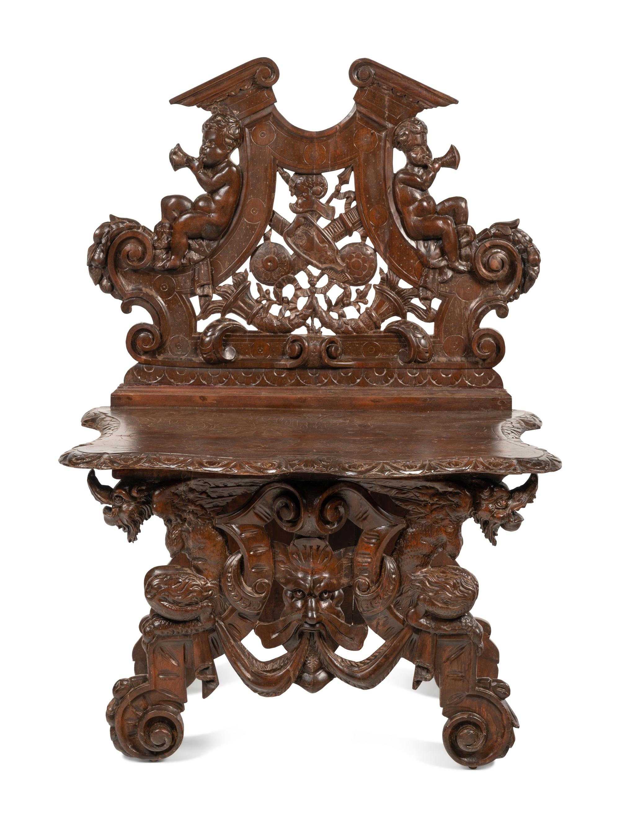 An Italian Baroque Style Carved Walnut Hall Bench