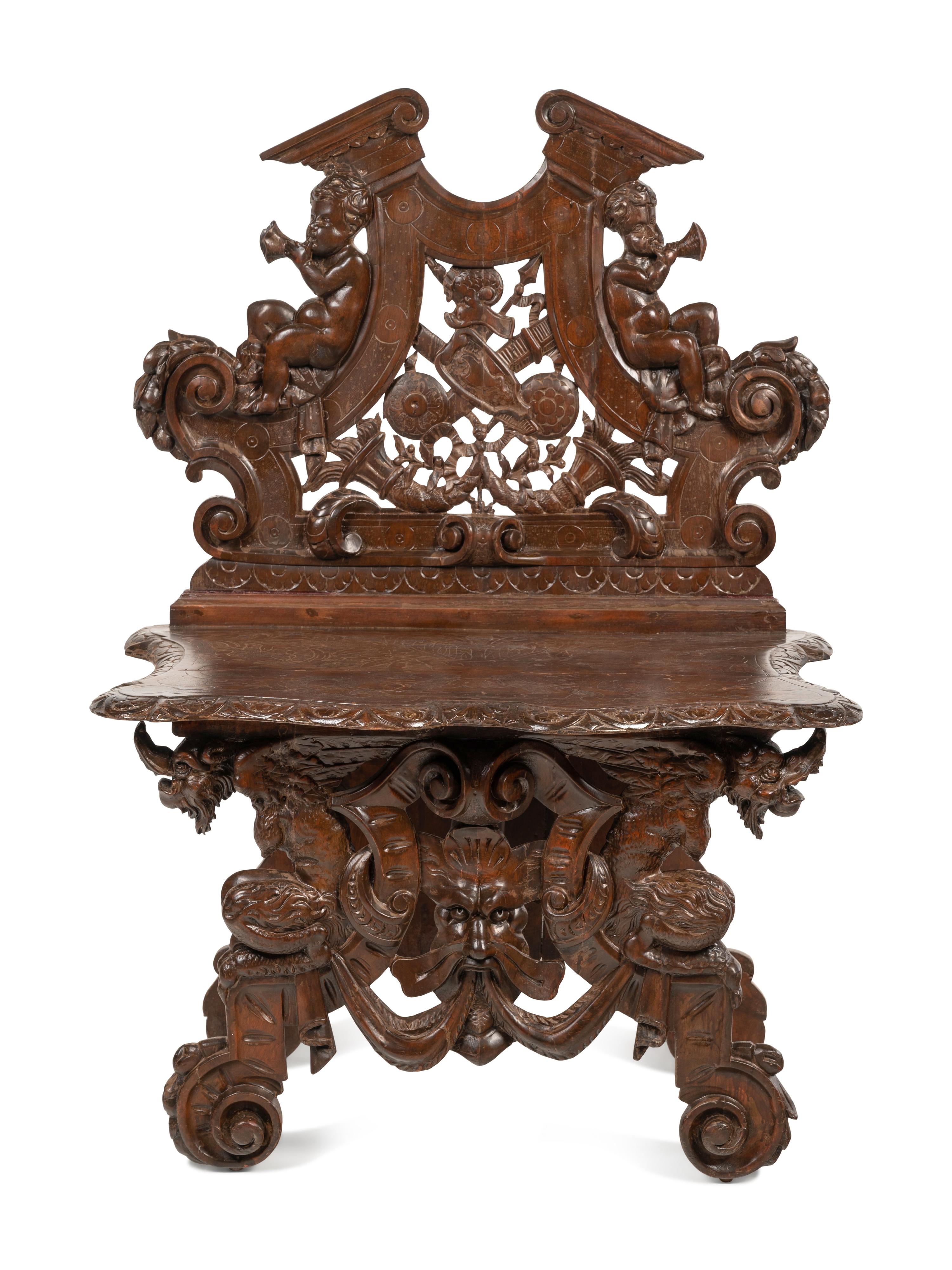An Italian Baroque Style Carved Walnut Hall Bench