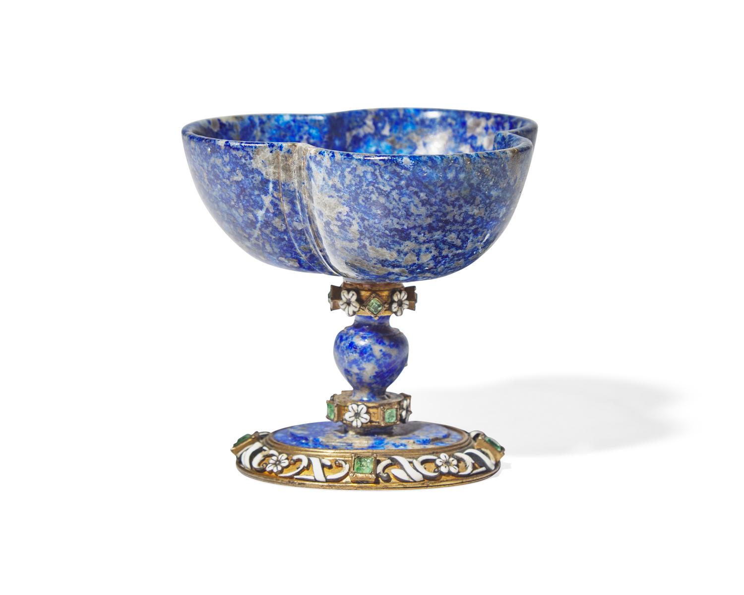 A Viennese carved lapis lazuli, emerald encrusted, and enamel-decorated silver gilt cup, Austria, late 19th century