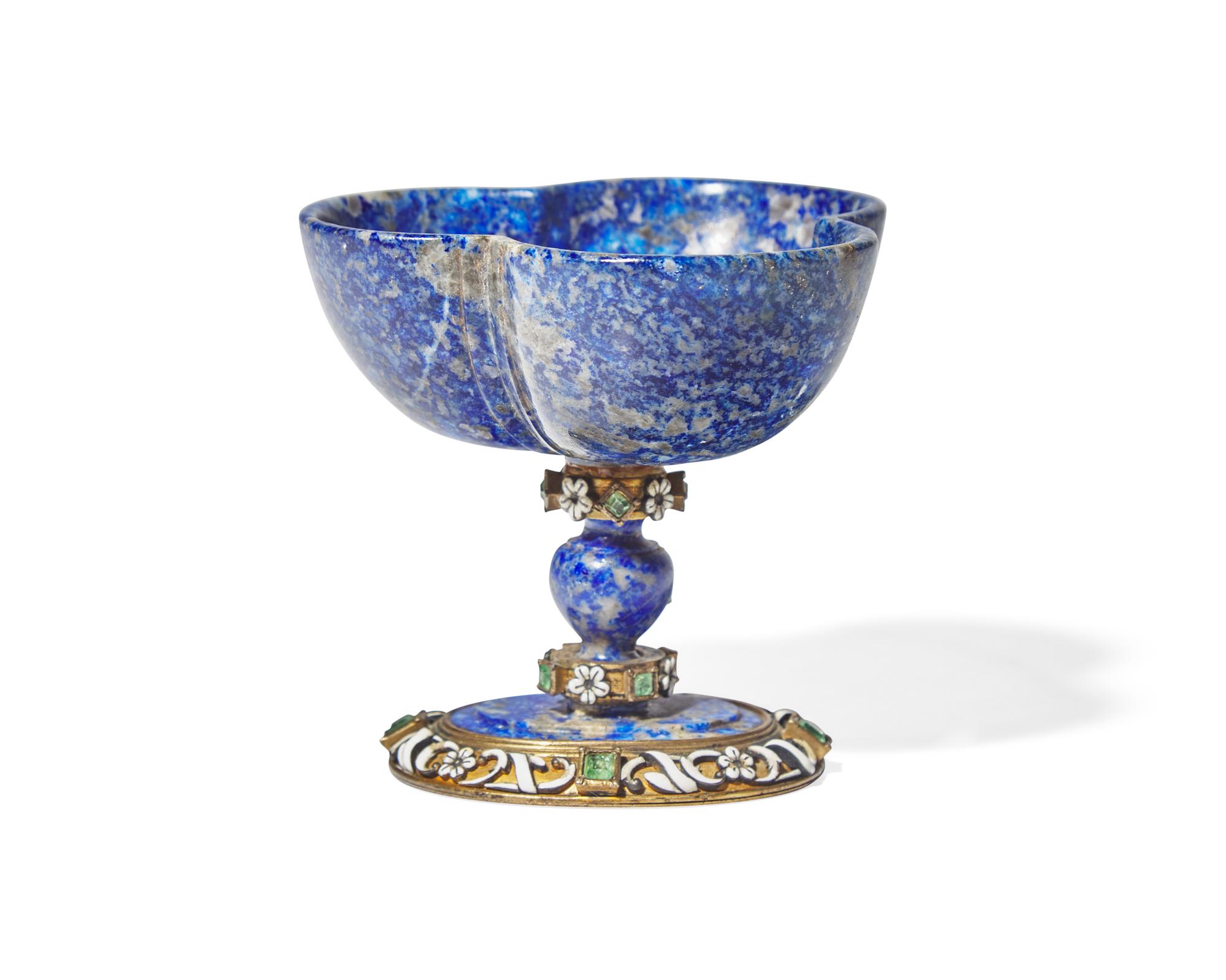 A Viennese carved lapis lazuli, emerald encrusted, and enamel-decorated silver gilt cup, Austria, late 19th century
