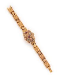 GEORGIAN, YELLOW GOLD AND GEMSTONE LOCKET BRACELET