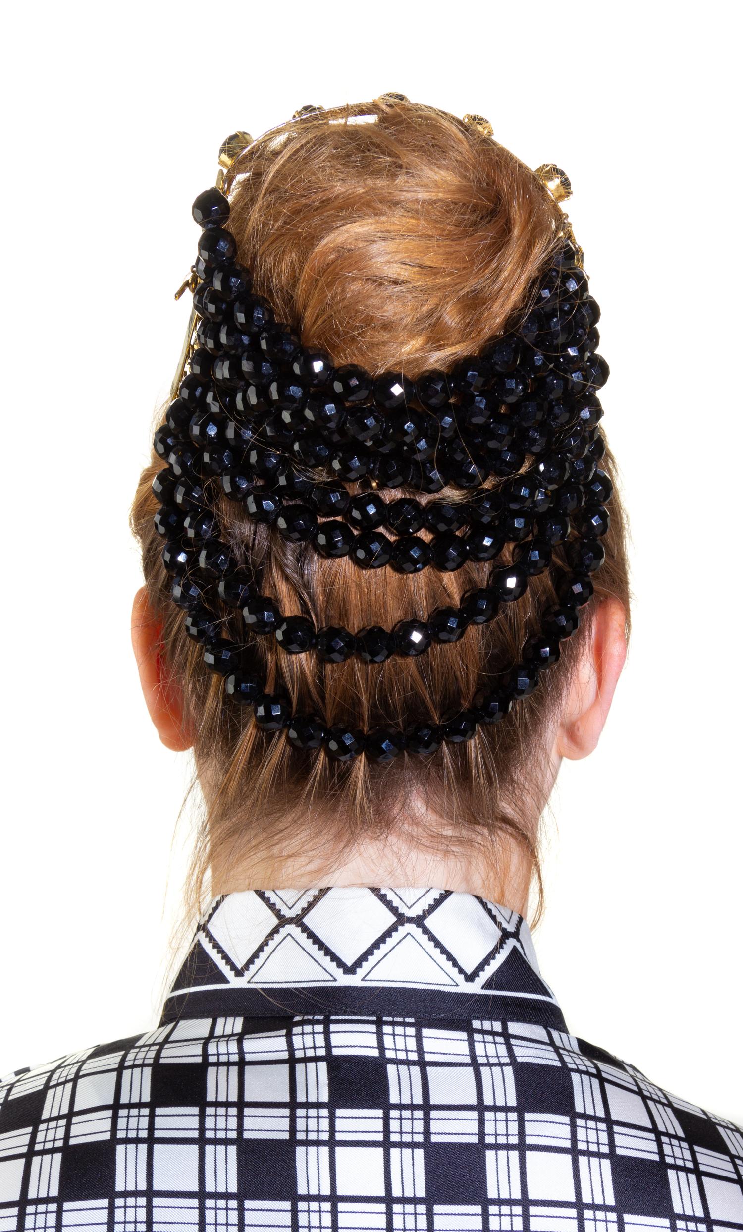 A Gianni Versace Runway Hair Ornament and Matching Earclips, Hair cuff: 7" x 1.75"- 4.25"; Bead Drop: 6".