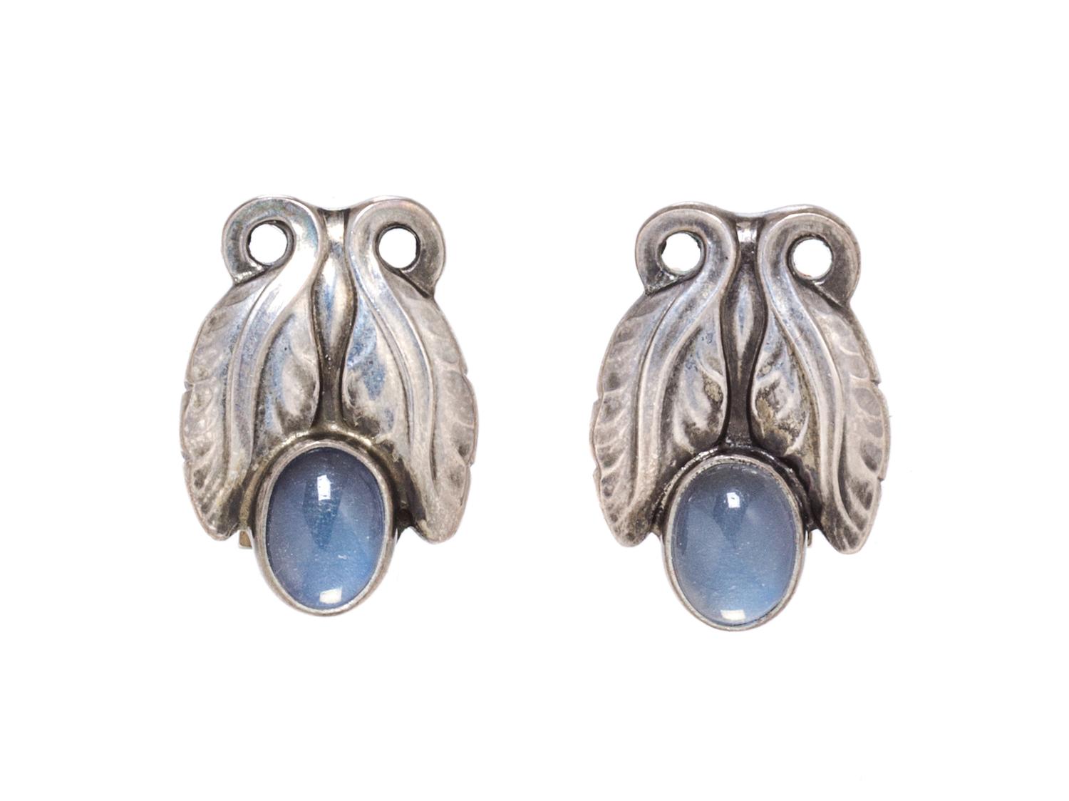 A Pair of Sterling Silver and Moonstone "Moonlight Blossom" Earclips, Georg Jensen, 5.10 dwts.