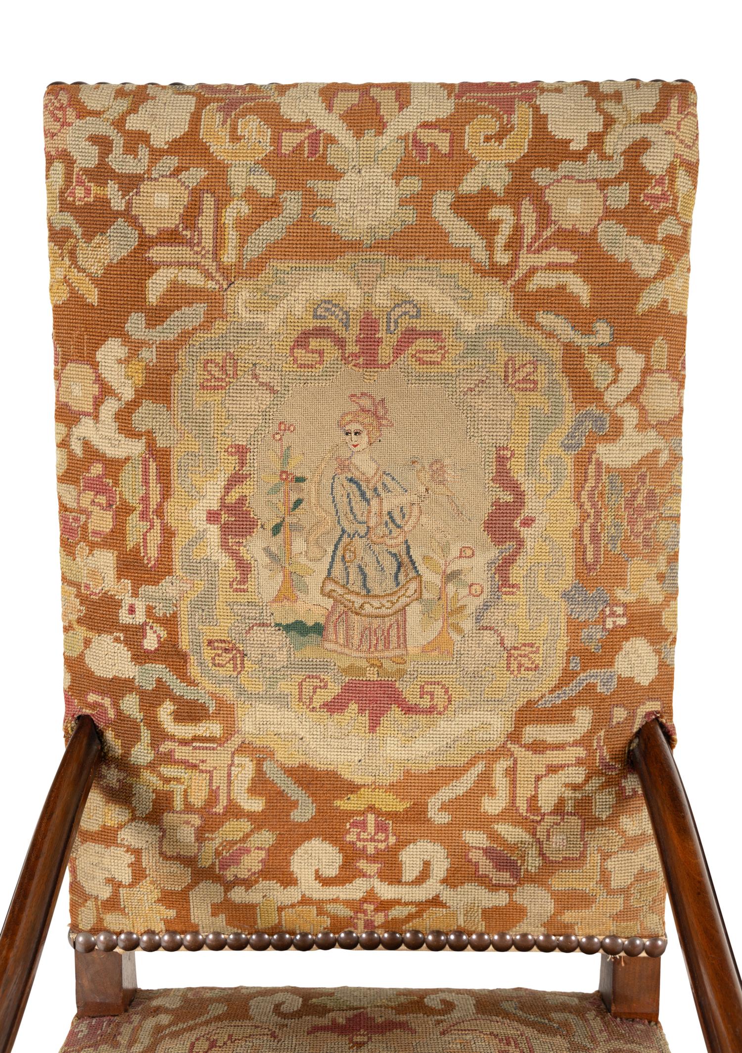A William and Mary Style Carved Walnut Tapestry-Upholstered Armchair