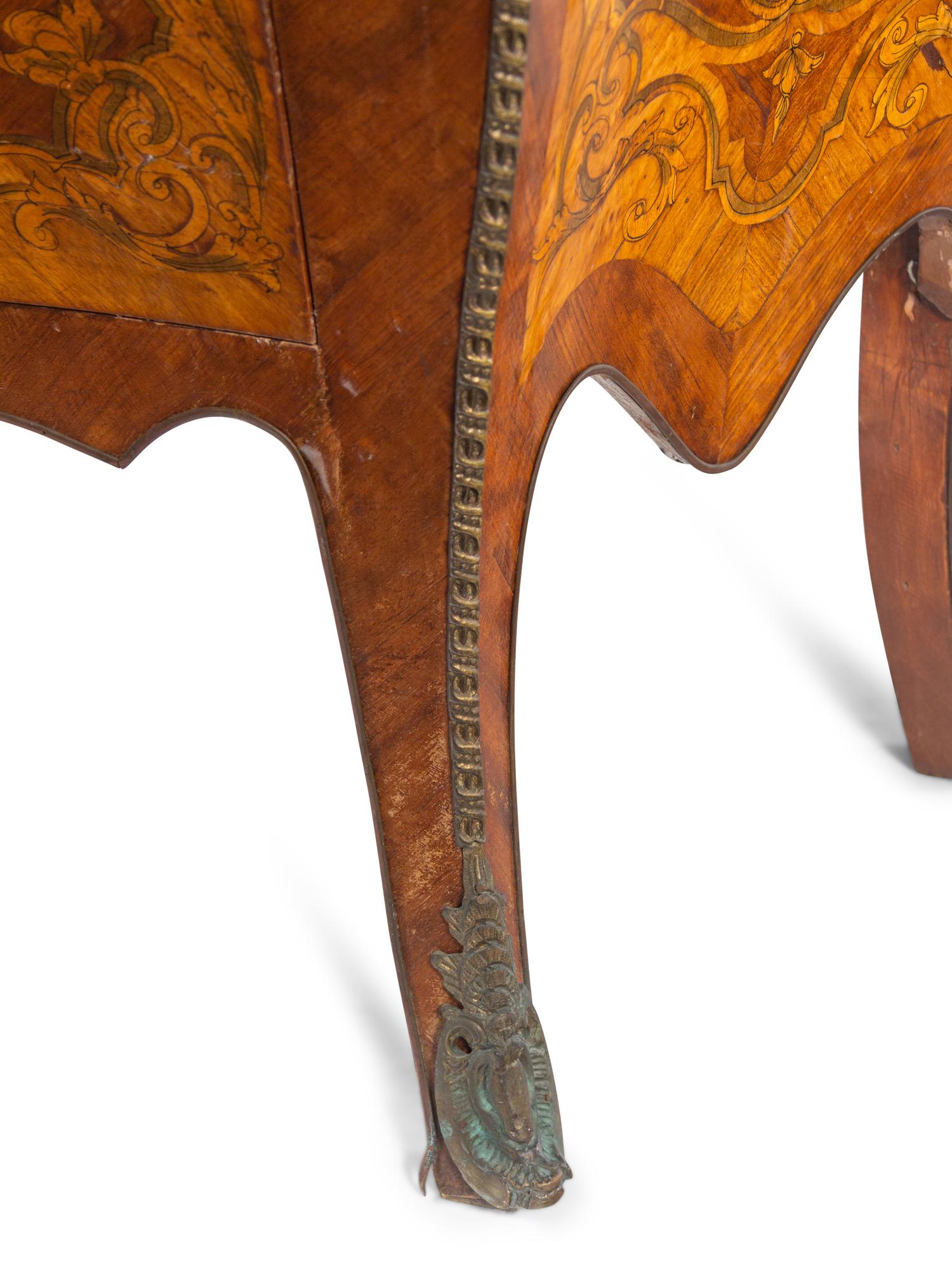 A Louis XV Style Gilt Metal Mounted Marquetry Marble-Top Commode
