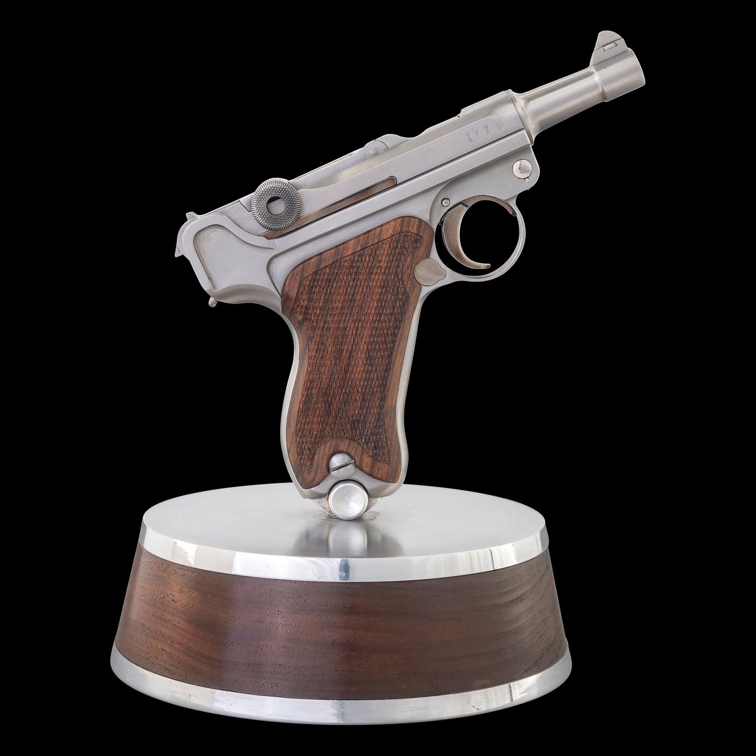 *Bright Finished John Martz Custom Baby Luger 9mm with Matching Stand