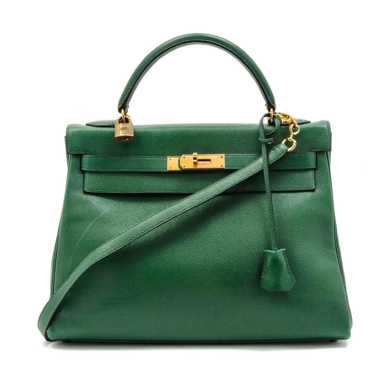 An Hermes 32cm Green Leather Kelly Bag, 12 1/2 x 9 x 4 1/2 inches.
