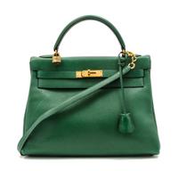 An Hermes 32cm Green Leather Kelly Bag, 12 1/2 x 9 x 4 1/2 inches.