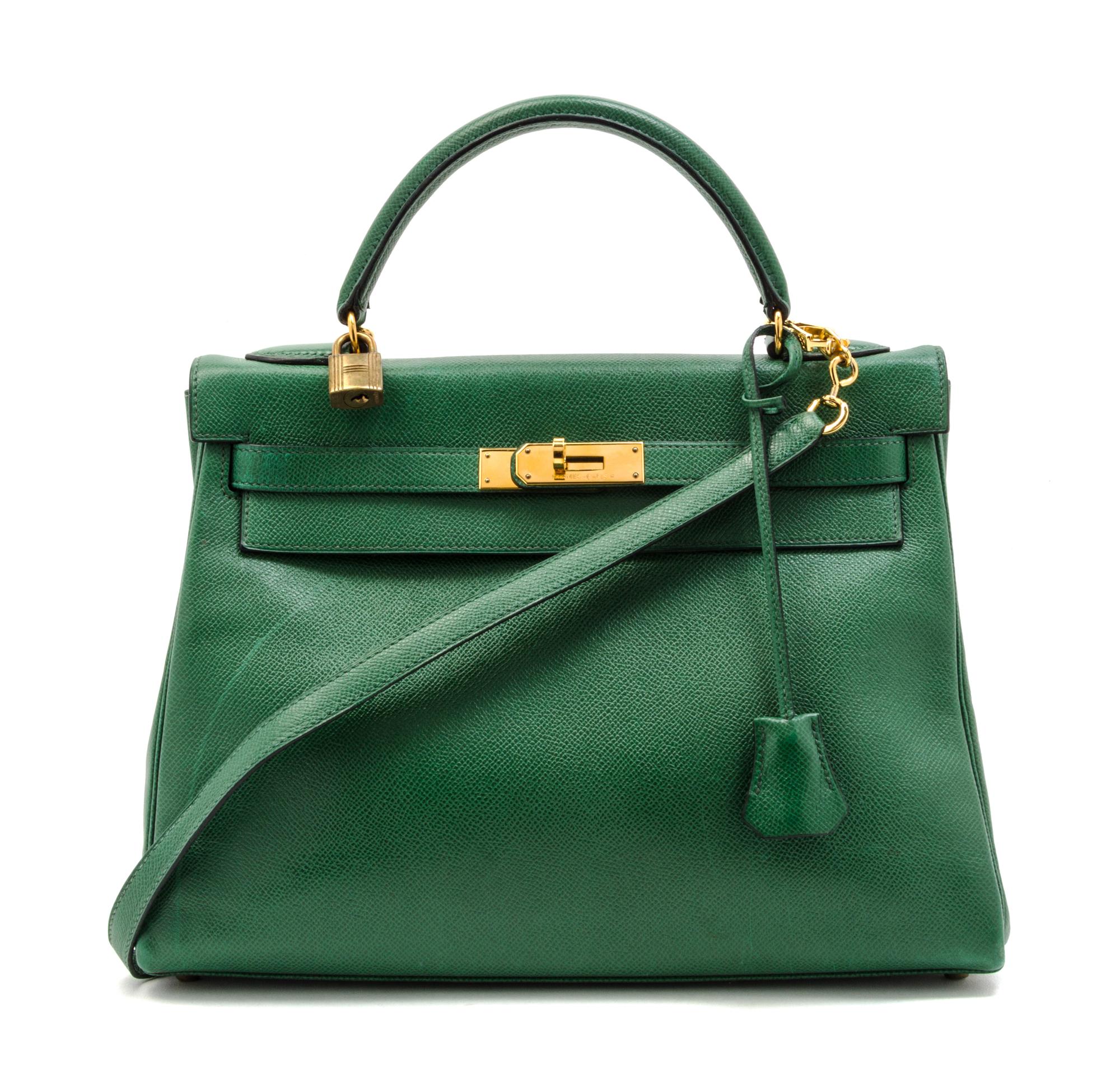 An Hermes 32cm Green Leather Kelly Bag, 12 1/2 x 9 x 4 1/2 inches.