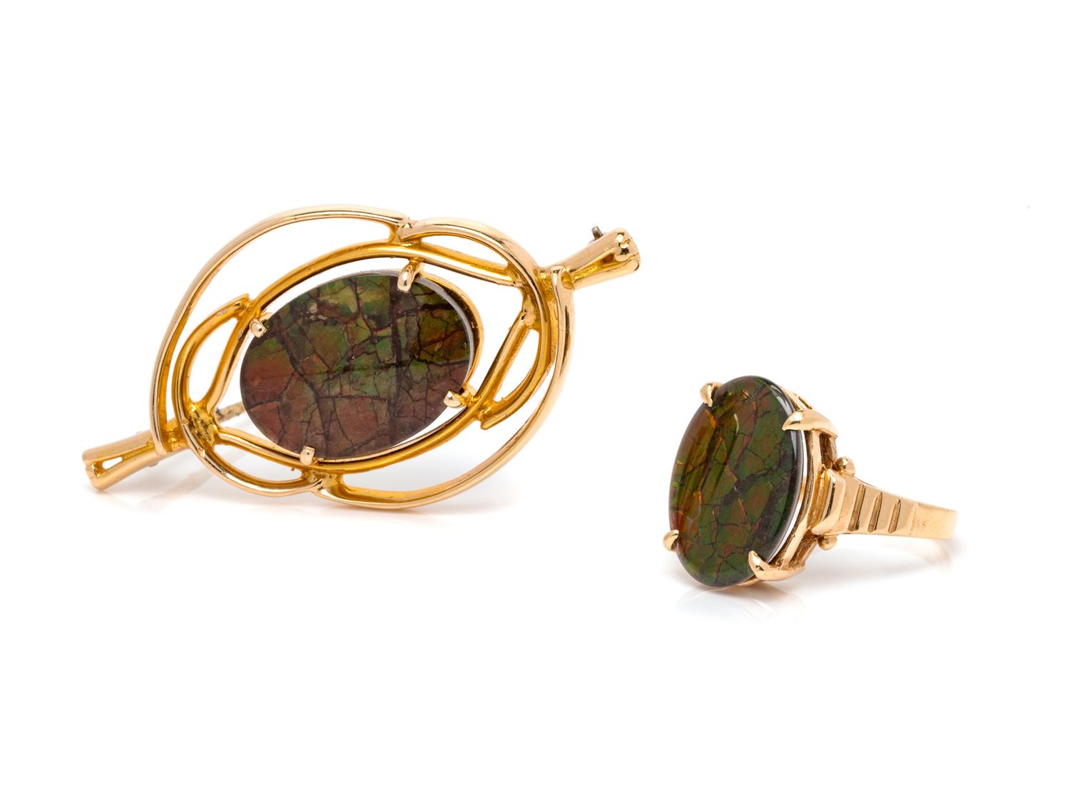 A Collection of 14 Karat Yellow Gold and Ammolite Triplet Jewelry,