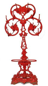 Victorian red-painted cast iron hall tree marked "lawrence foundry" (1852-1900), toronto, canada