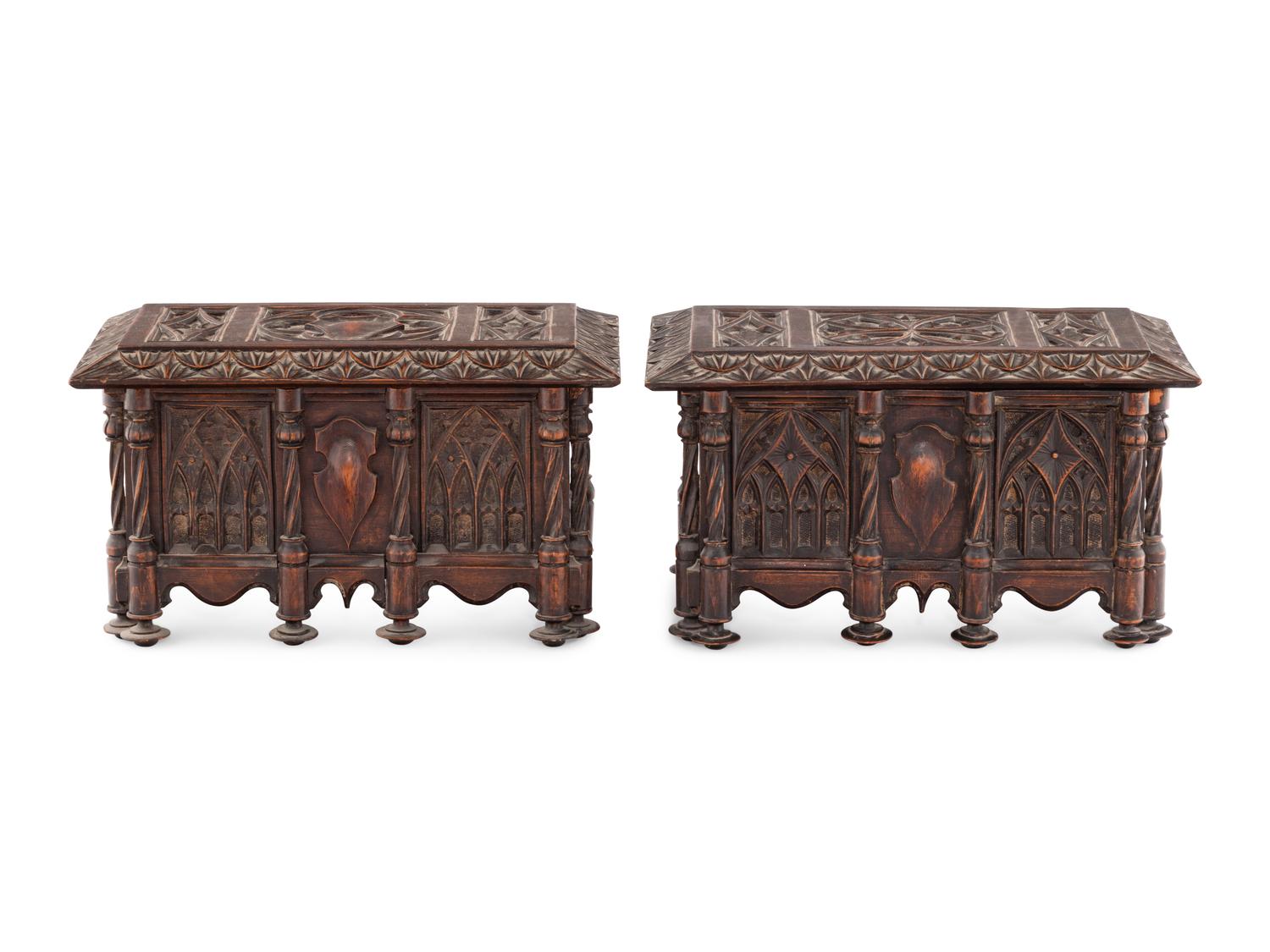 A Pair of Gothic Revival Carved Oak Table Caskets